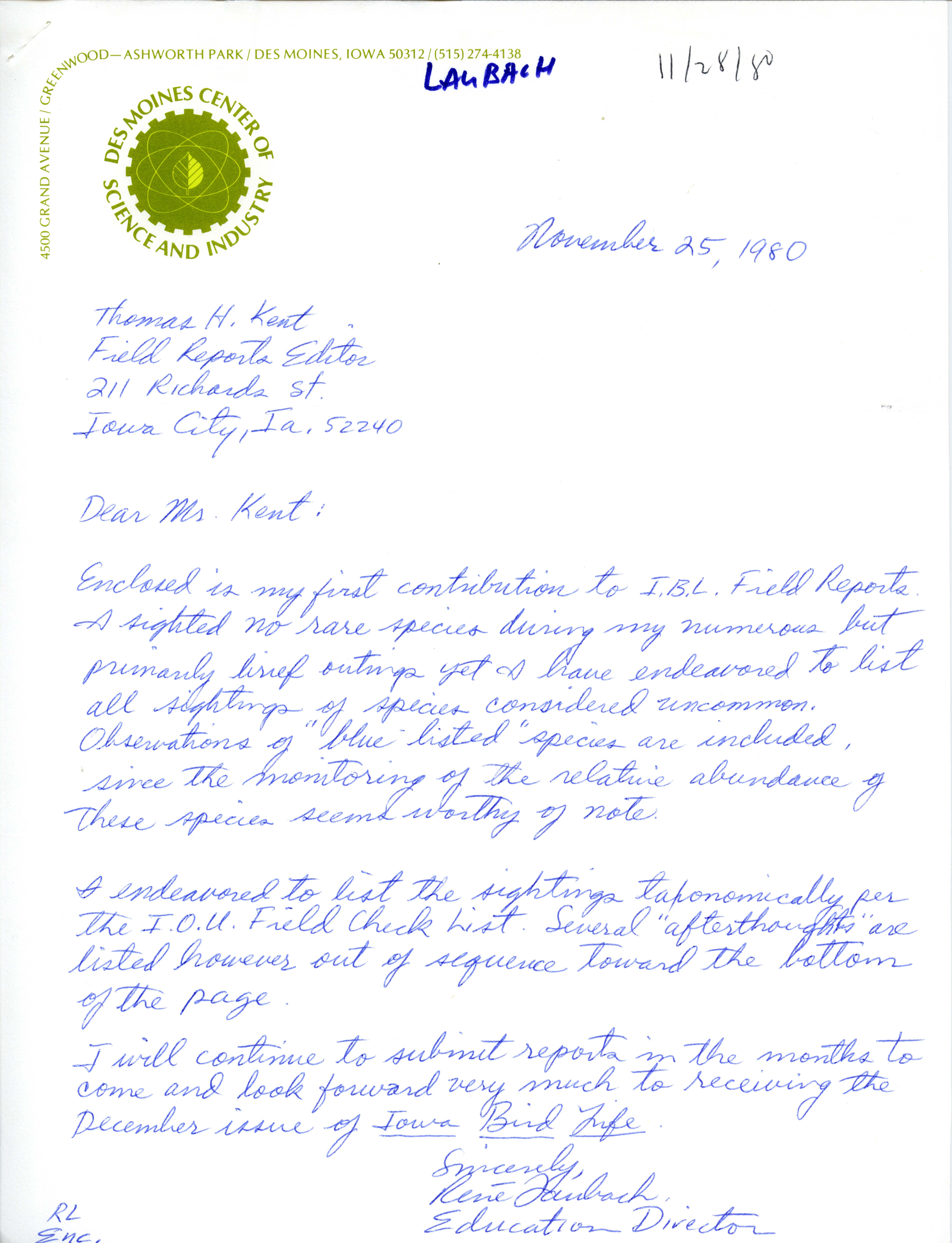 Rene Laubach letter to Thomas H. Kent regarding bird sightings, November 25, 1980