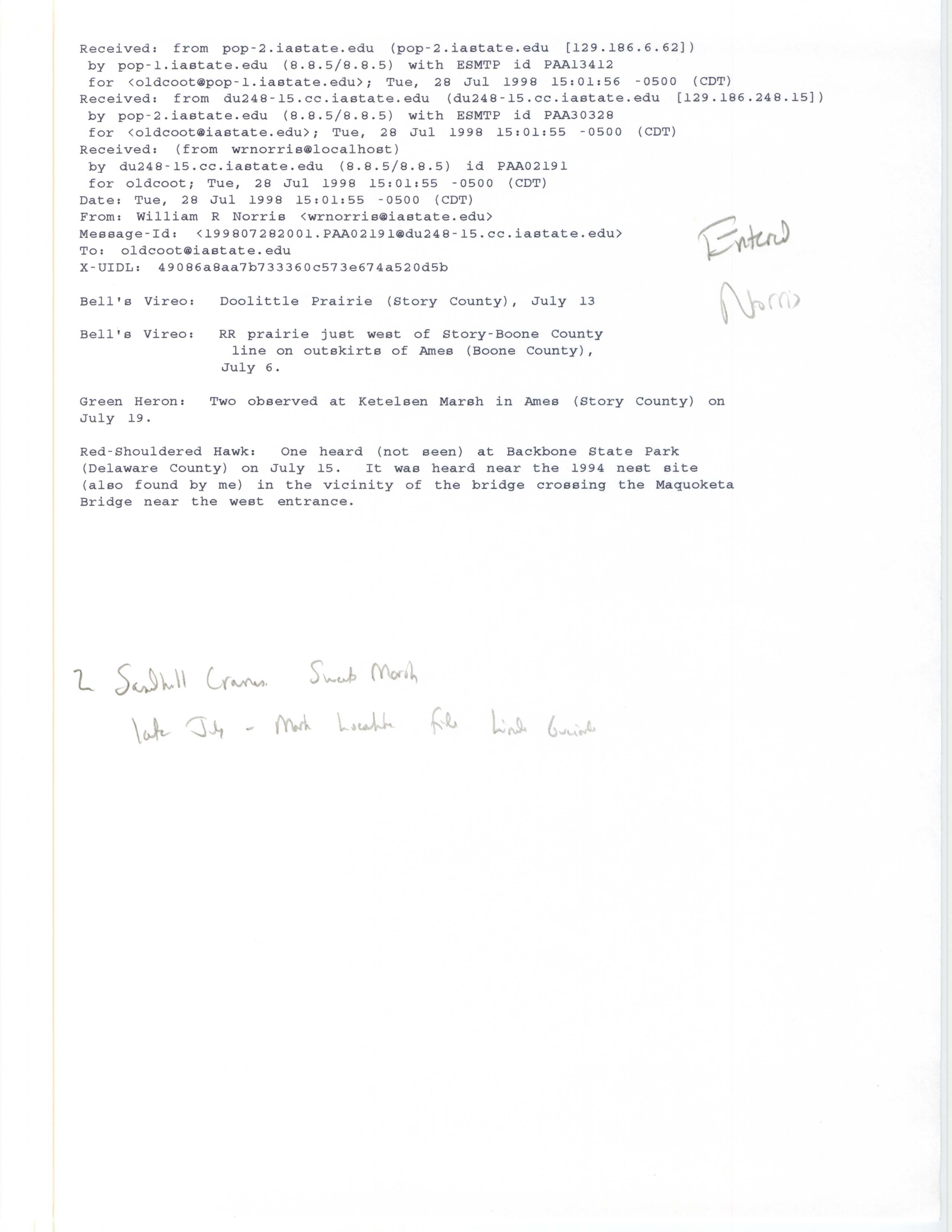 William Norris email to Jim Dinsmore regarding summer bird reports, July 28, 1998