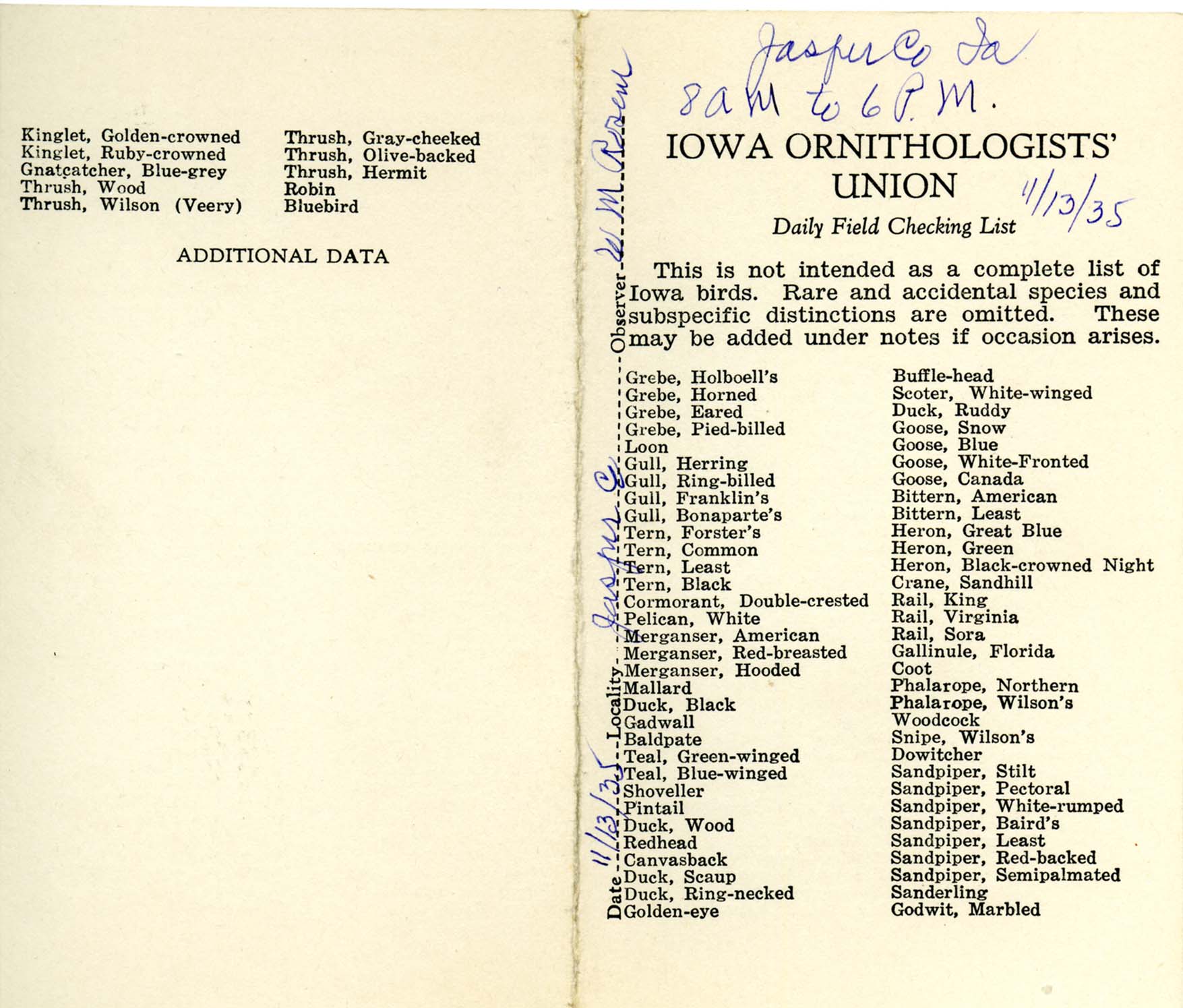 Daily field checking list, Walter Rosene, November 13, 1935