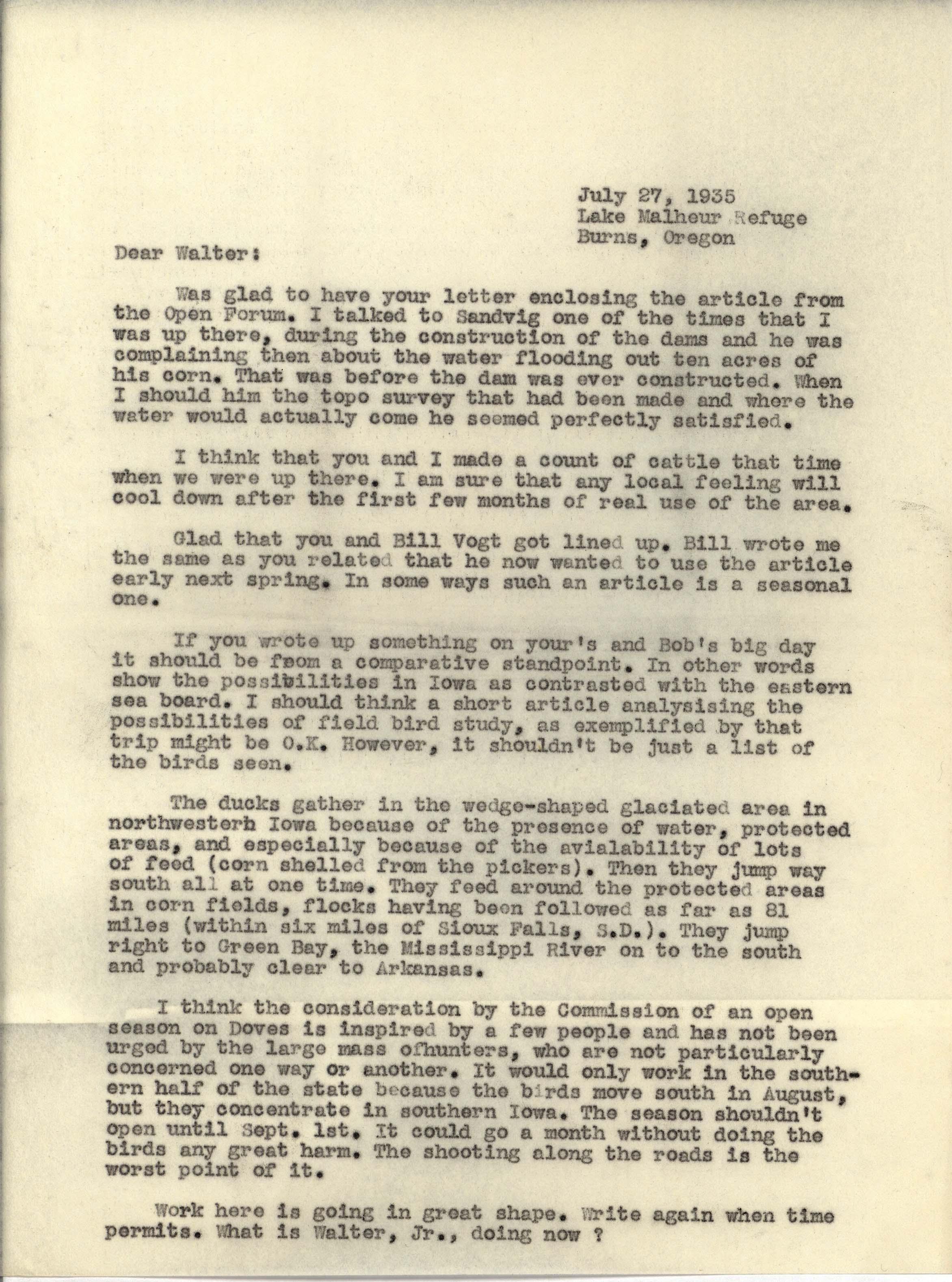 Philip DuMont letter to Walter Rosene regarding articles, Ducks and Doves, July 27, 1935