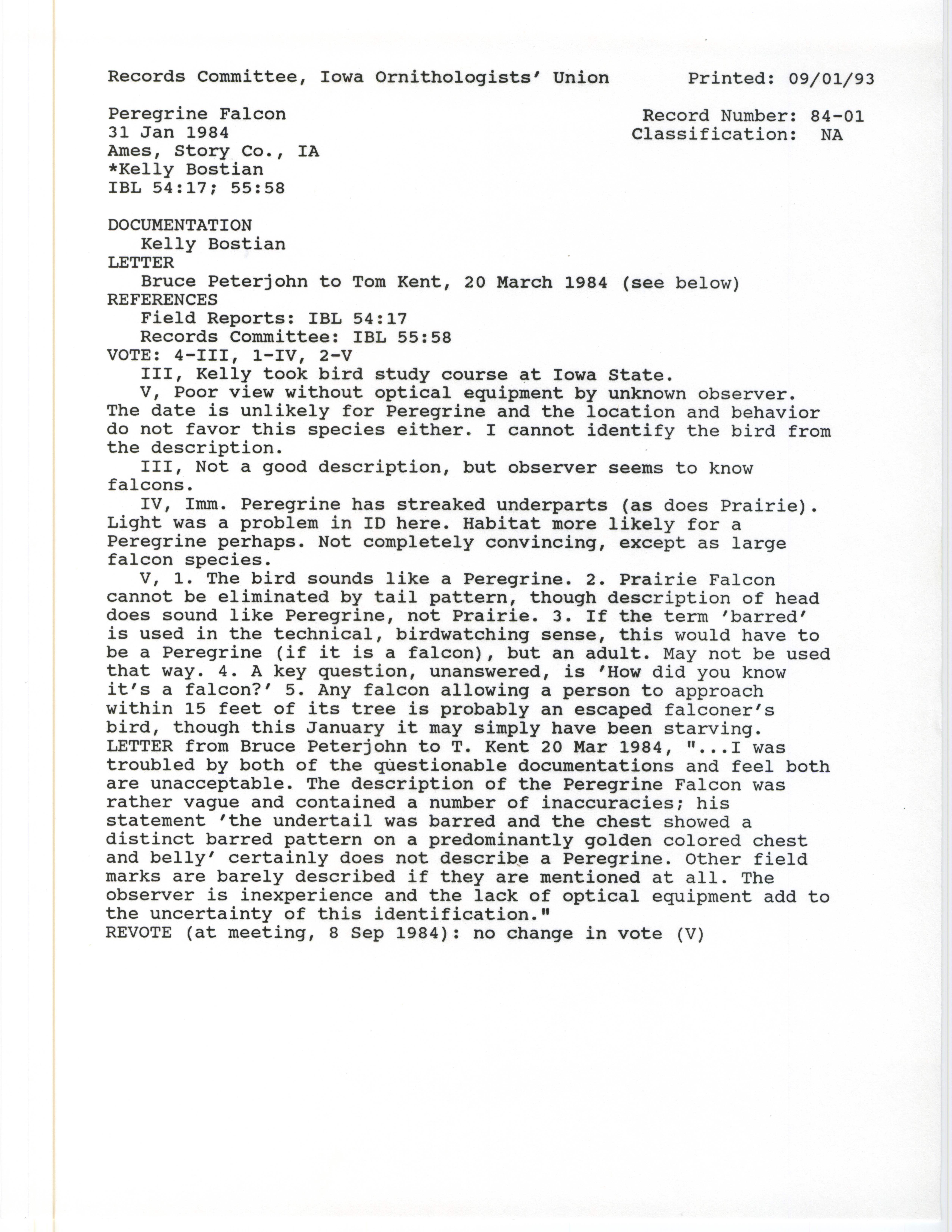 Records Committee review for rare bird sighting of Peregrine Falcon at Ames, 1984