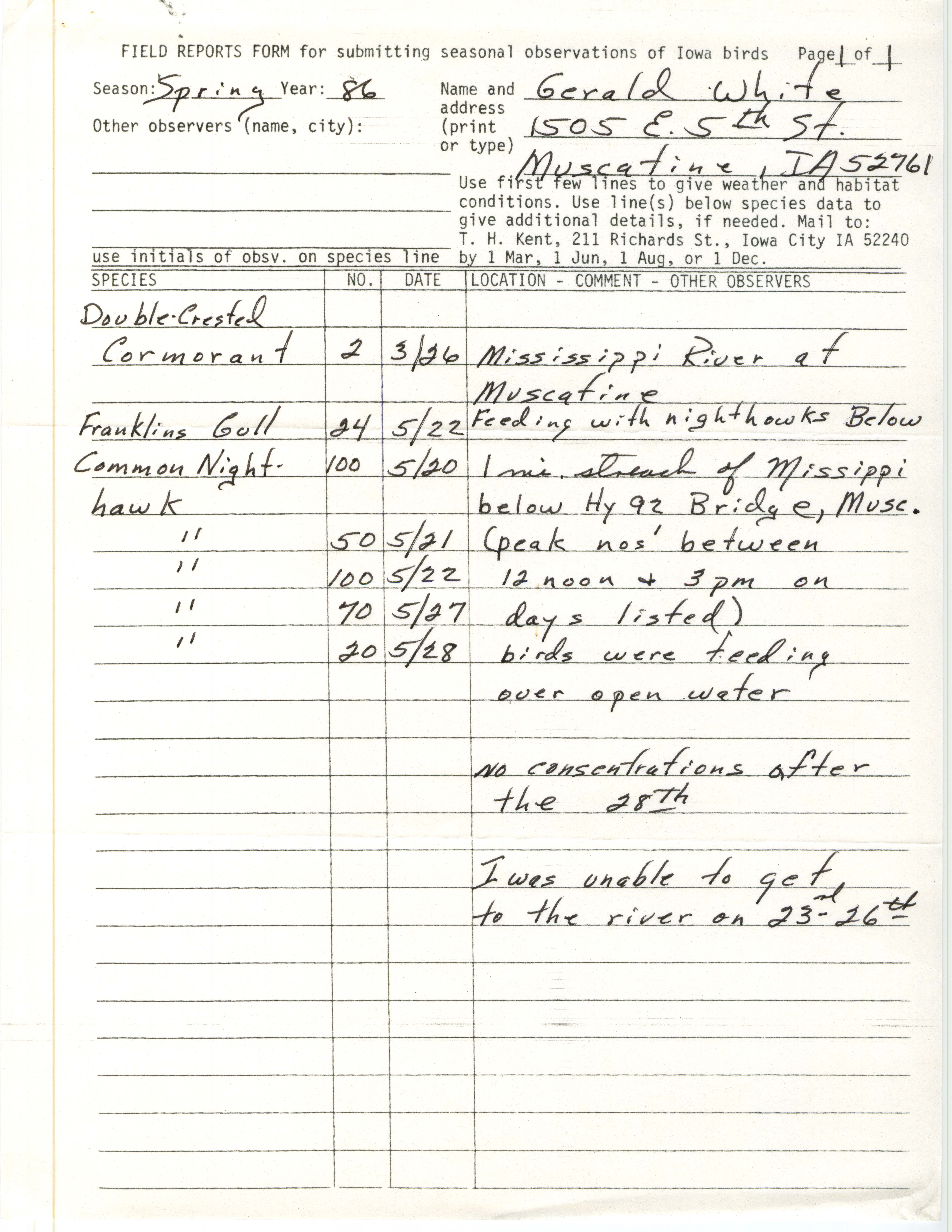 Field reports form for submitting seasonal observations of Iowa birds, Gerald White, Spring 1986