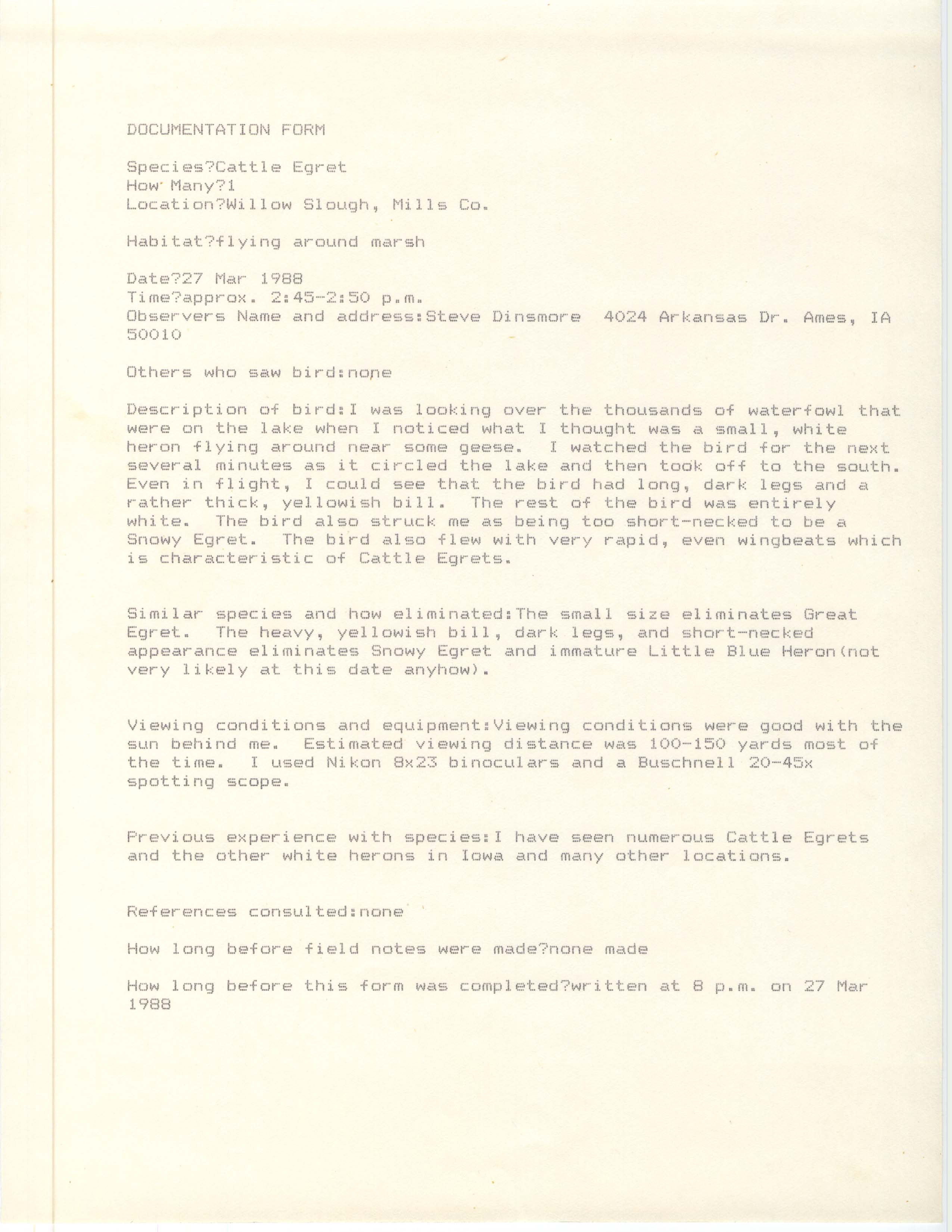 Rare bird documentation form for Cattle Egret at Willow Slough, 1988