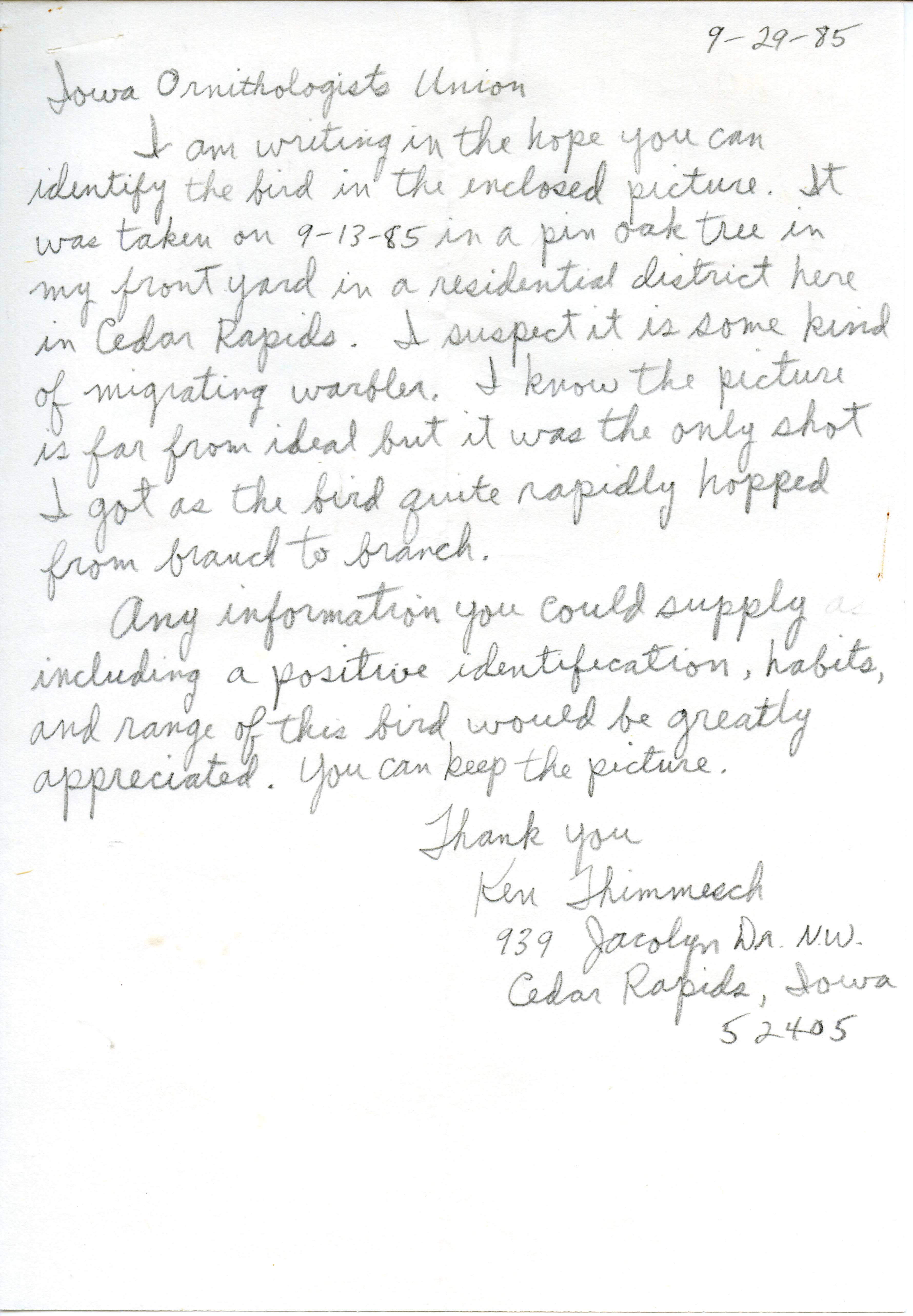 Ken Thimmesch letter to Iowa Ornithologists Union regarding unidentified Warbler, September 29, 1985