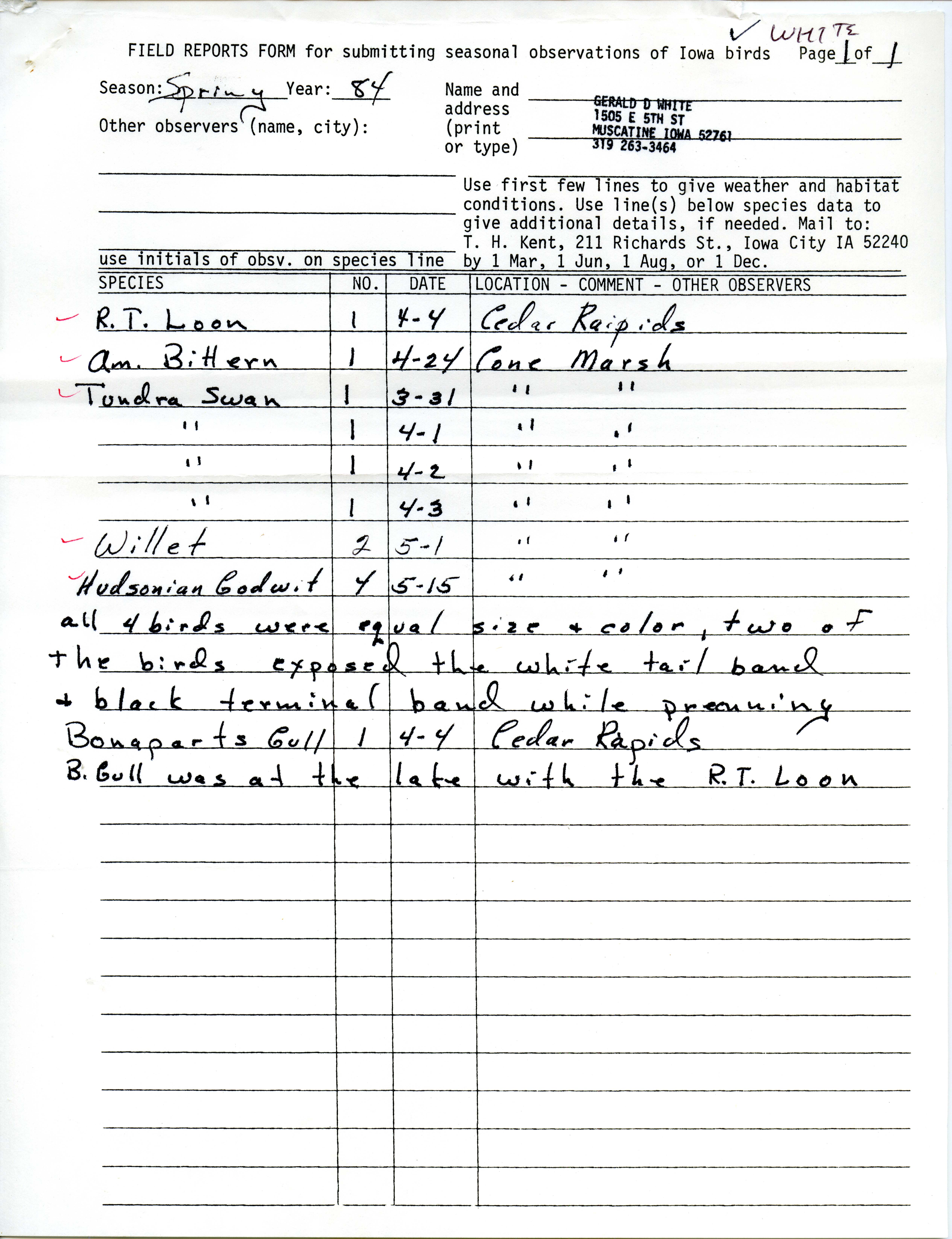 Field notes contributed by Gerald White, spring 1984