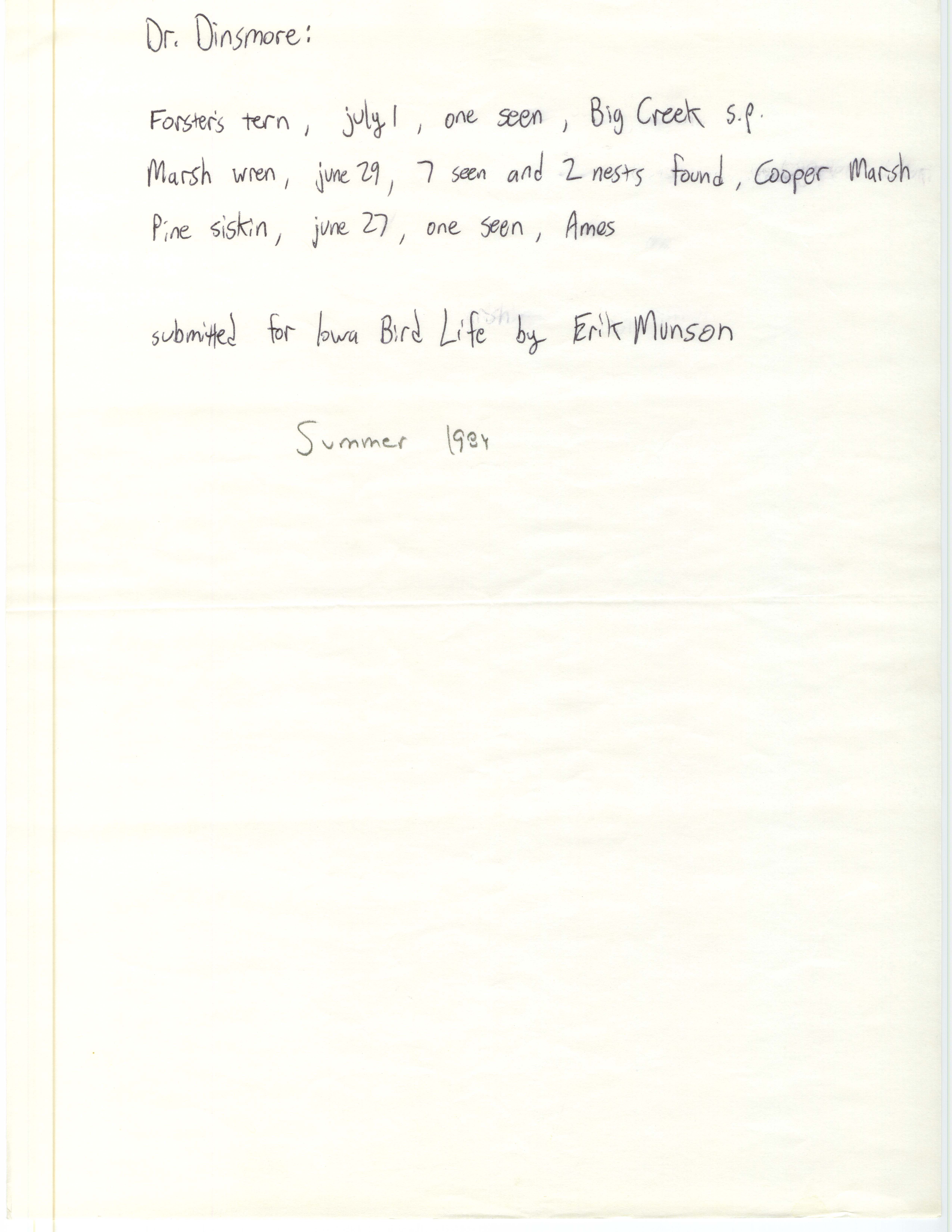 Erik Munson letter to James J. Dinsmore regarding sightings for Iowa Bird Life, summer 1984