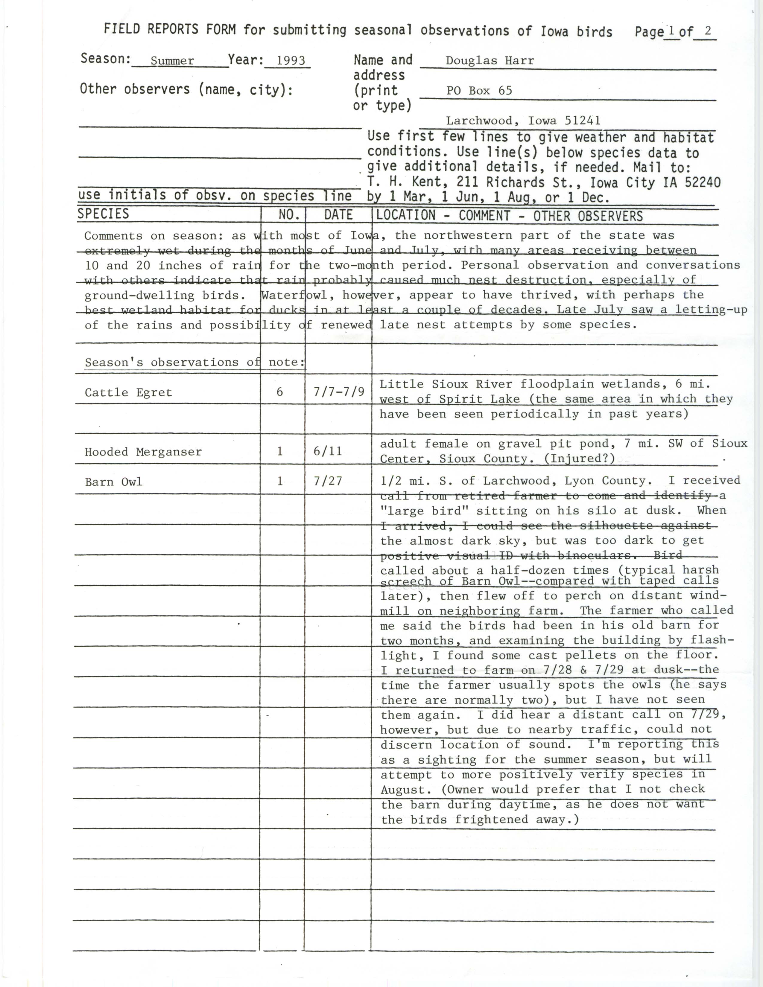 Field reports form for submitting seasonal observations of Iowa birds, Douglas C. Harr, summer 1993