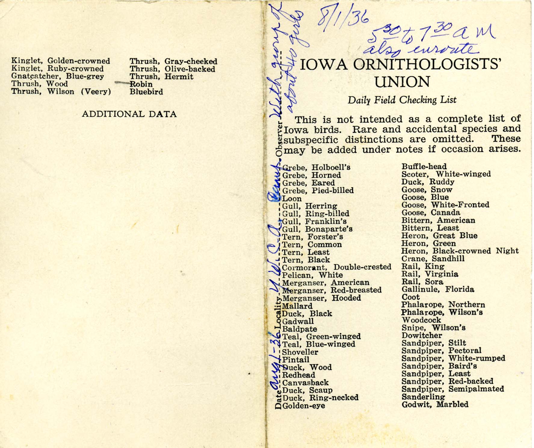 Daily field checking list, Walter Rosene, August 1, 1936