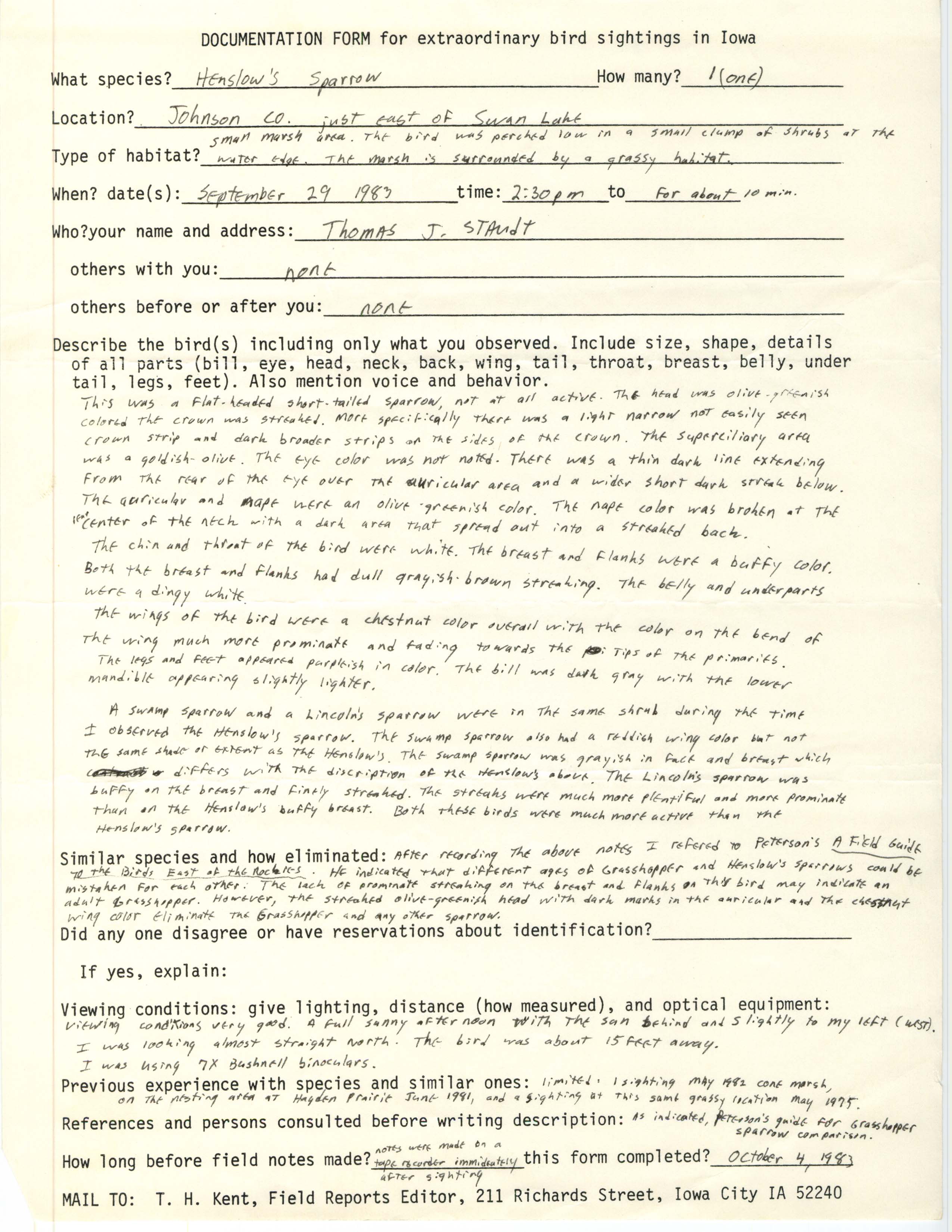 Rare bird documentation form for Henslow's Sparrow east of Swan Lake in Johnson County, 1983