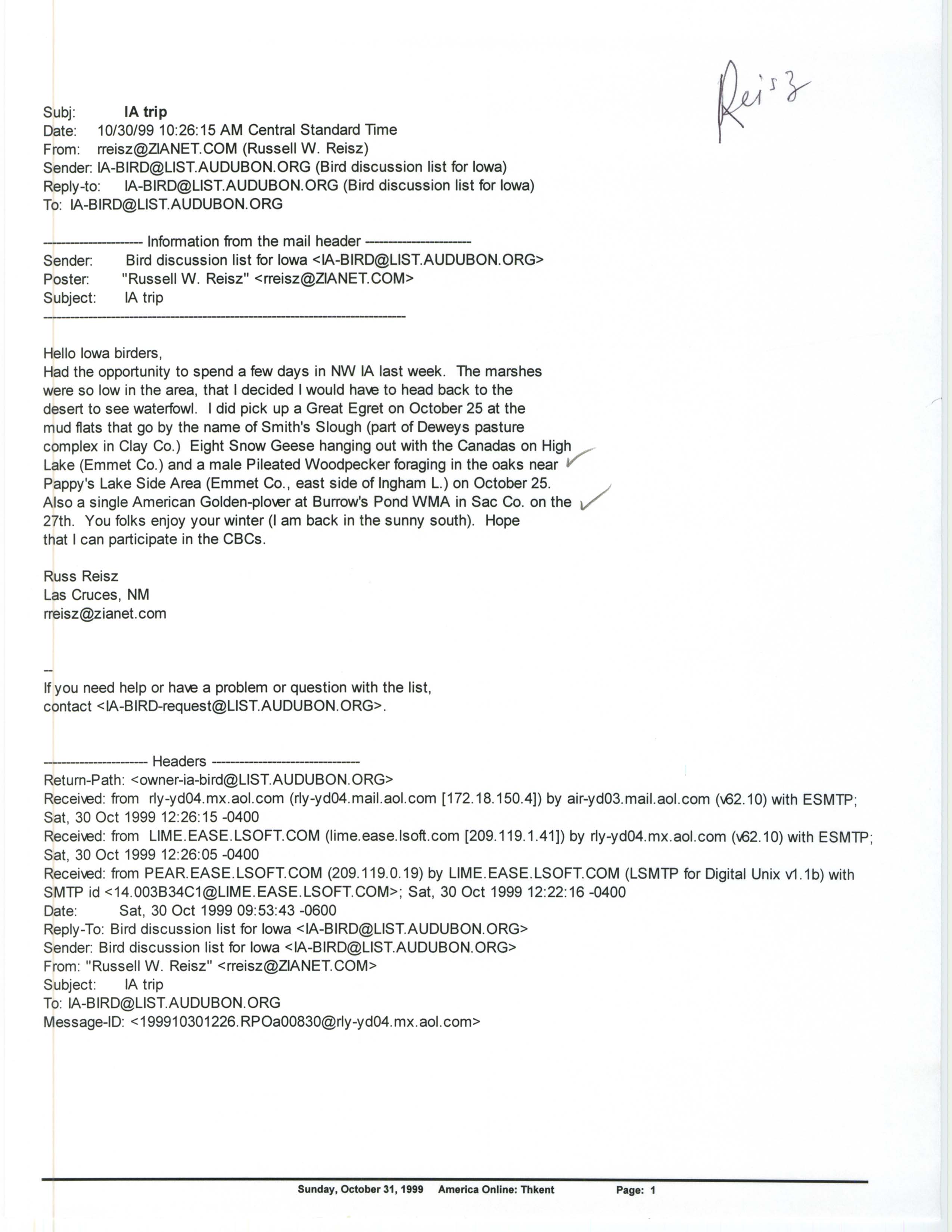 Russell Reisz email to the Iowa Bird listserv regarding Iowa sightings, October 30, 1999