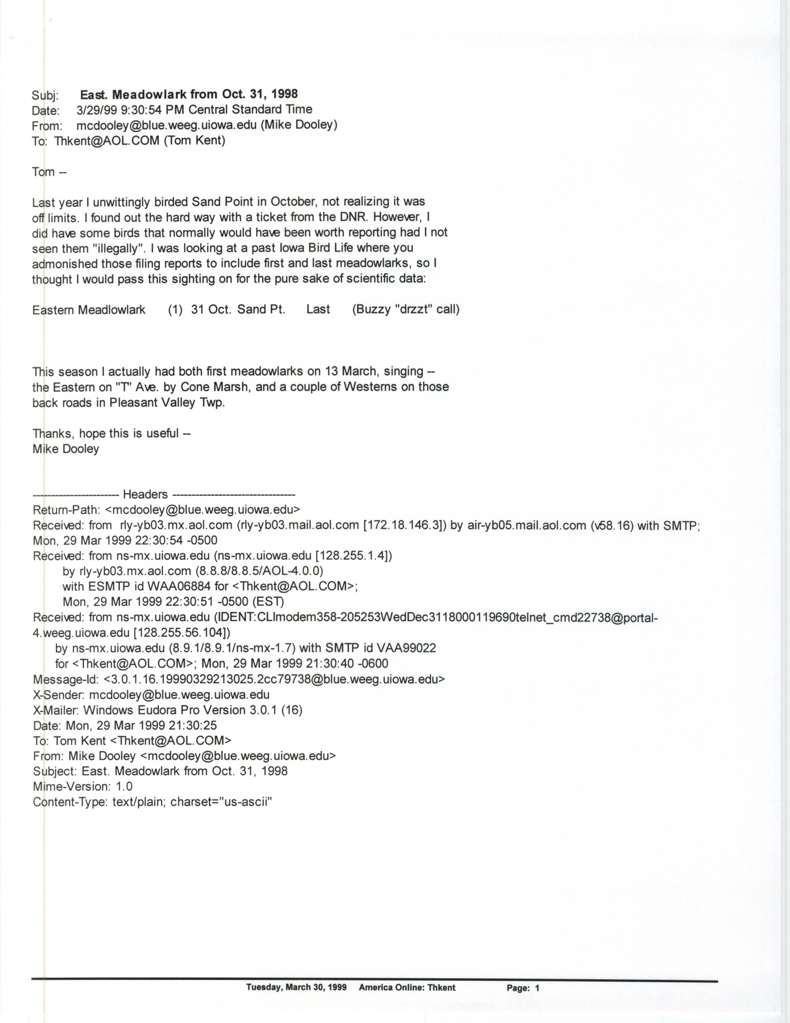 Mike Dooley email to Thomas Kent regarding Eastern Meadowlark, March 29, 1999