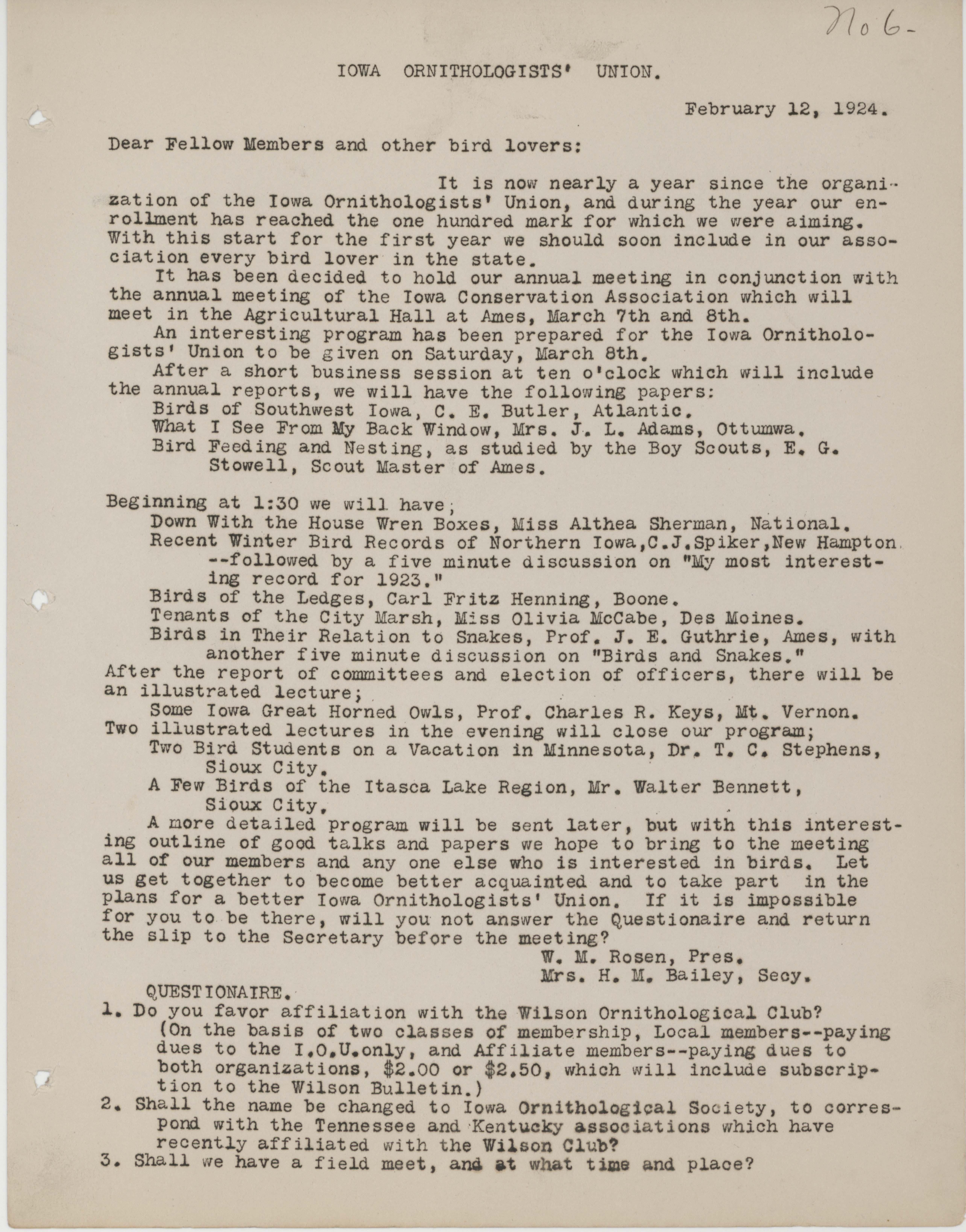 Letter to members of the Iowa Ornithologists' Union regarding the upcoming annual meeting, February 12, 1924