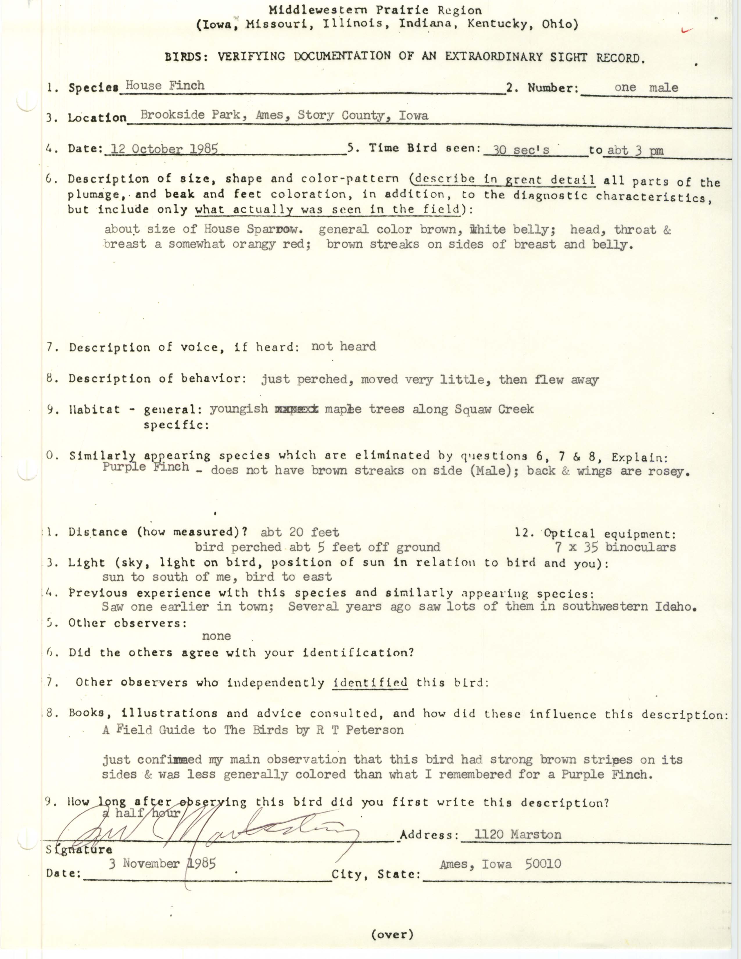 Rare bird documentation form for House Finch at Brookside Park in Ames, 1985