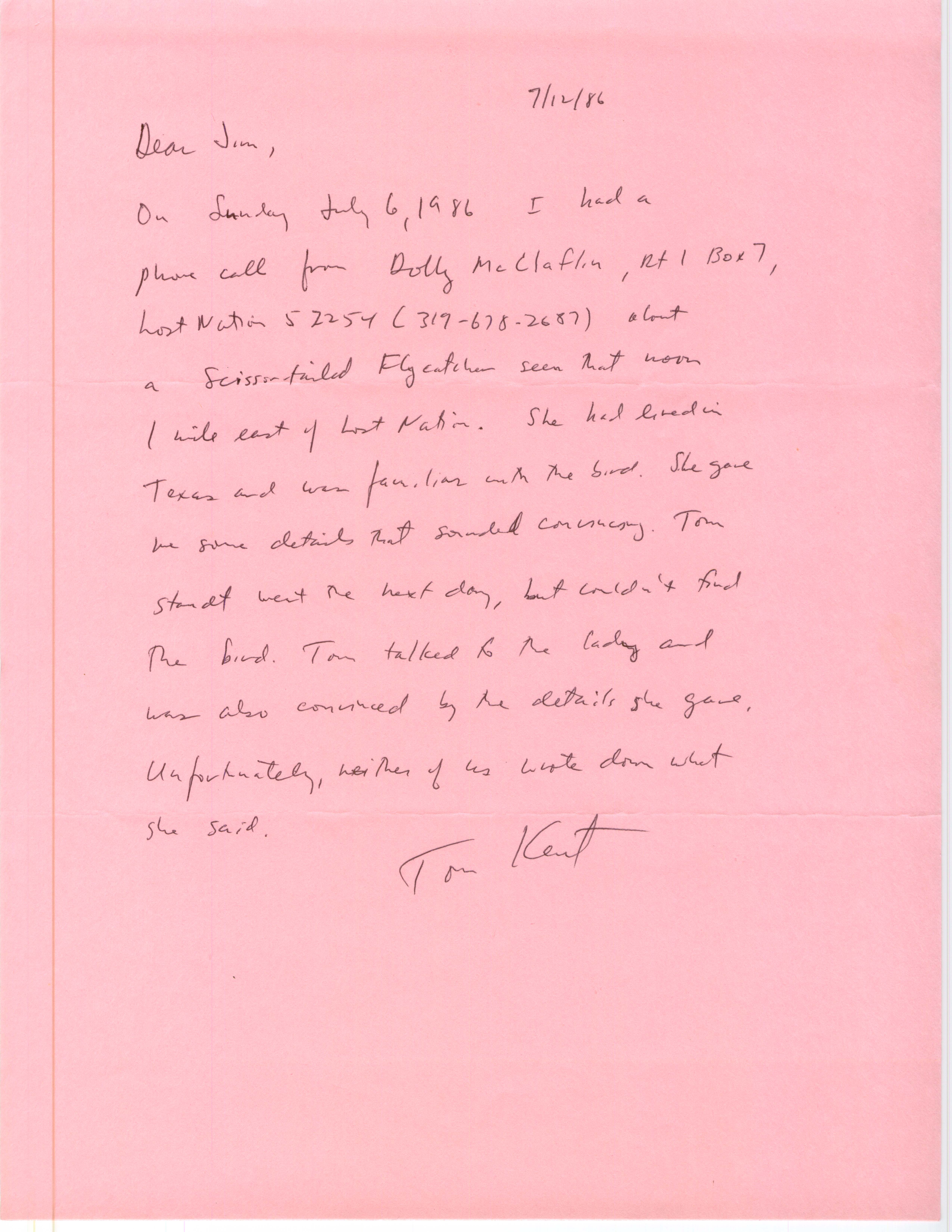 Thomas H. Kent letter to James J. Dinsmore regarding the sighting of a Scissor-tailed Flycatcher, July 12, 1986