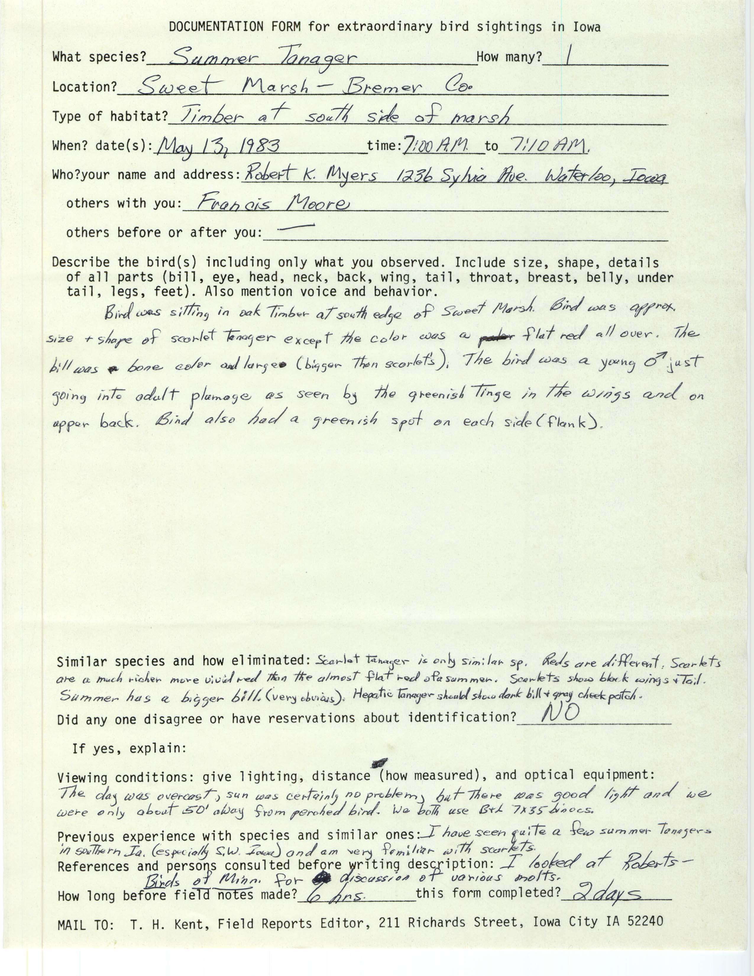 Rare bird documentation form for Summer Tanager at Sweet Marsh in 1983