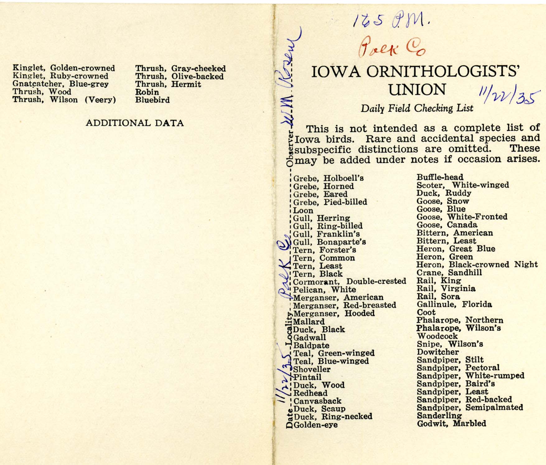 Daily field checking list, Walter Rosene, November 22, 1935