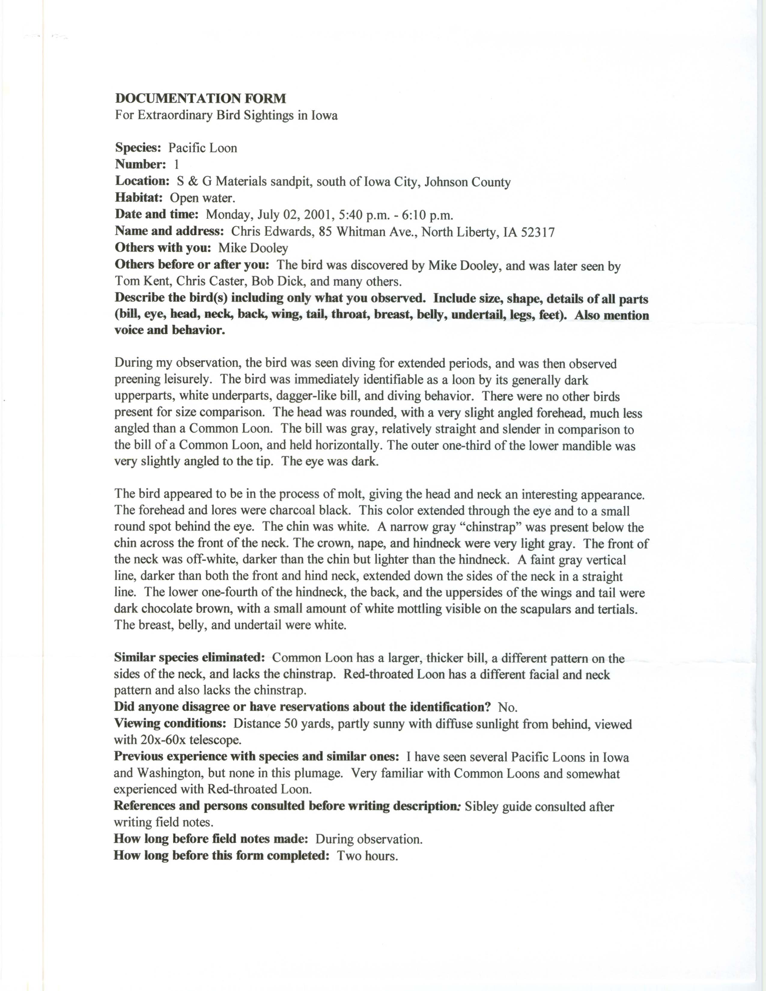 Documentation form for extraordinary bird sightings in Iowa, Pacific Loon, Chris Edwards, July 2, 2001