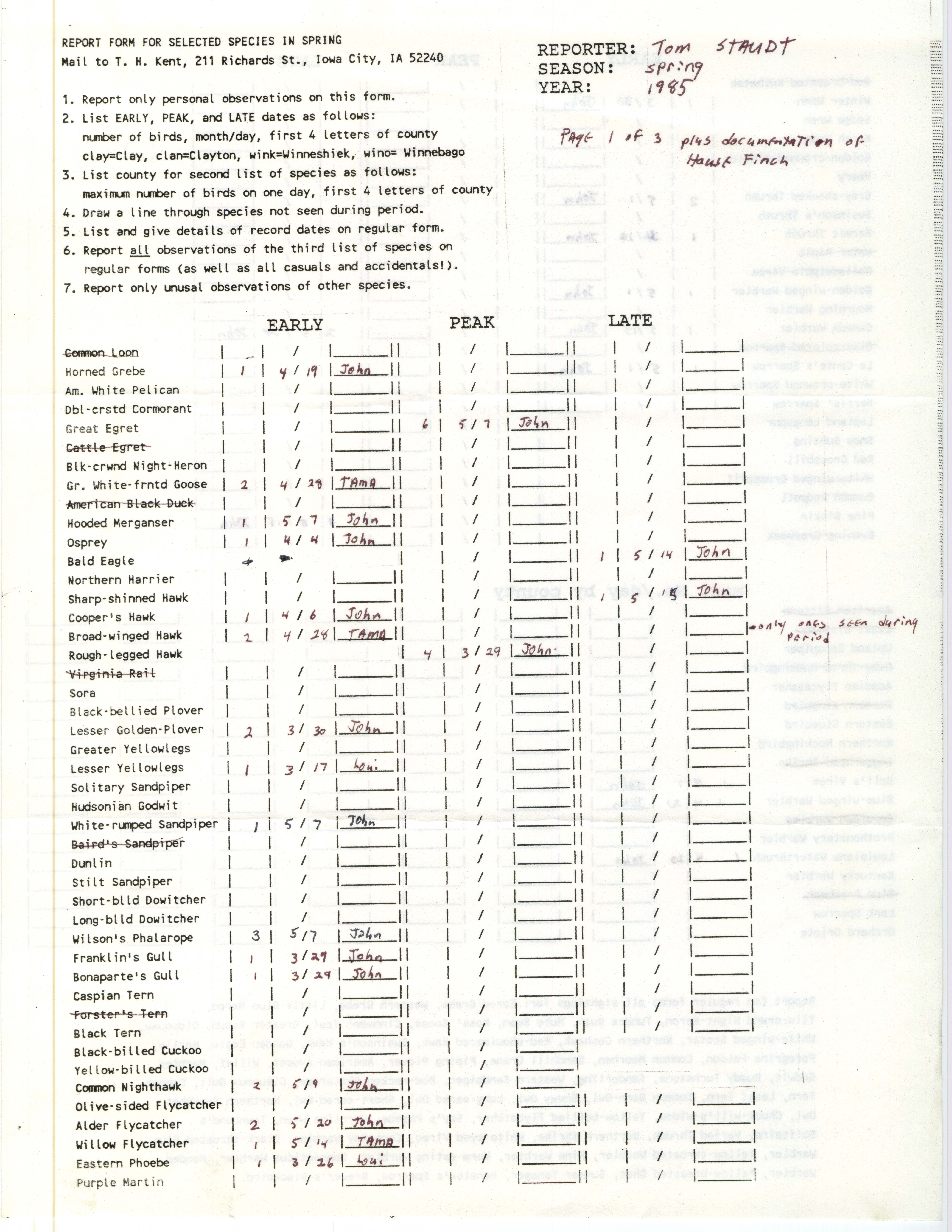 Report form for selected species in spring, contributed by Thomas J. Staudt, spring 1985