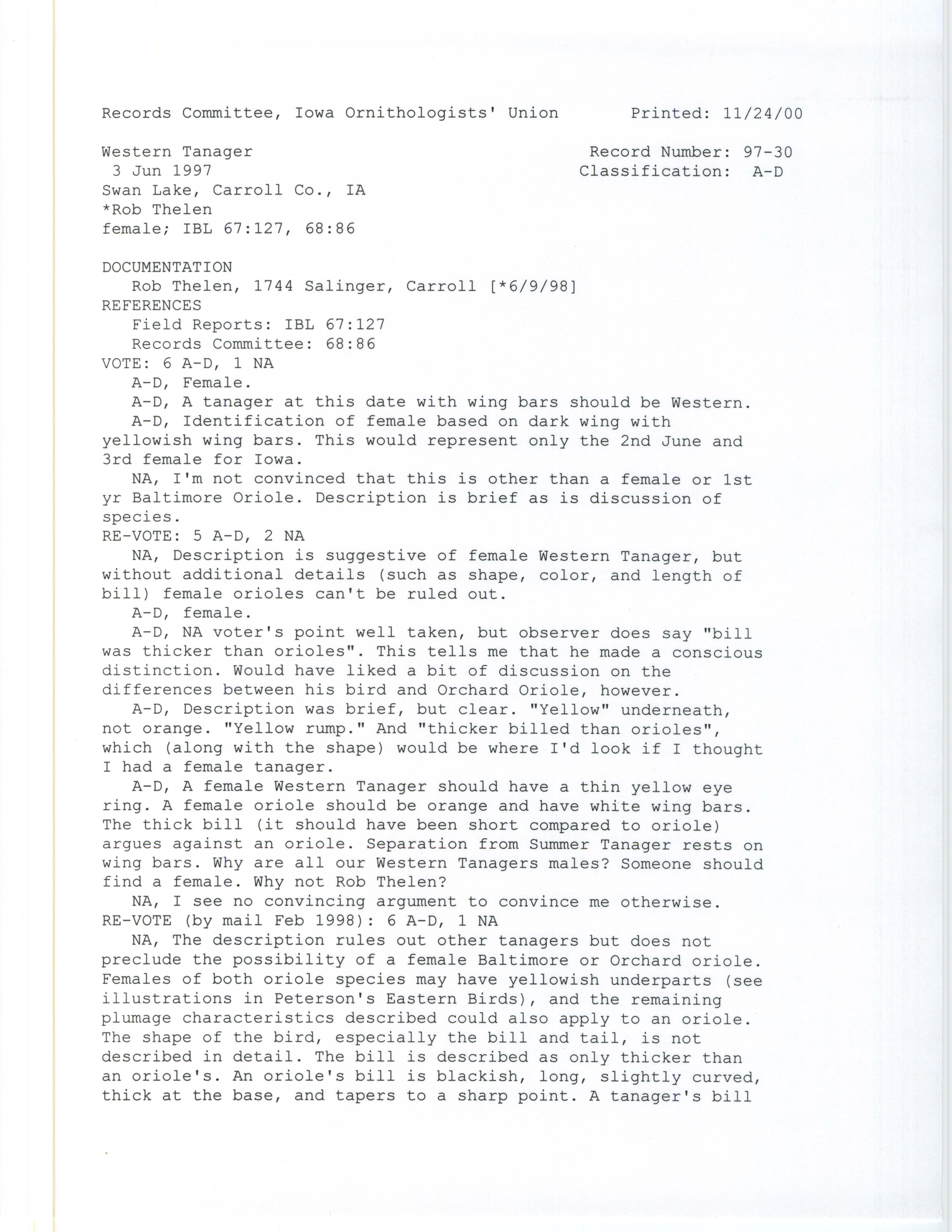 Records Committee review for rare bird sighting for Western Tanager at Swan Lake, 1997