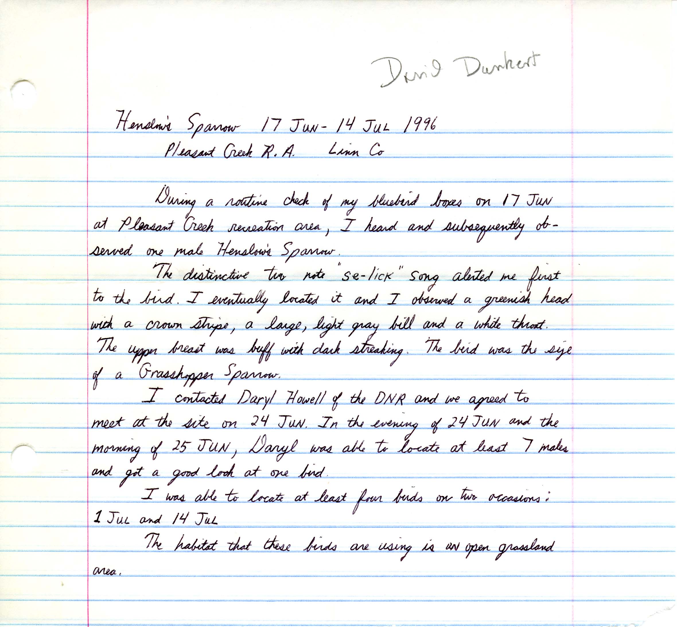 Field notes contributed by David L. Dankert, summer 1996