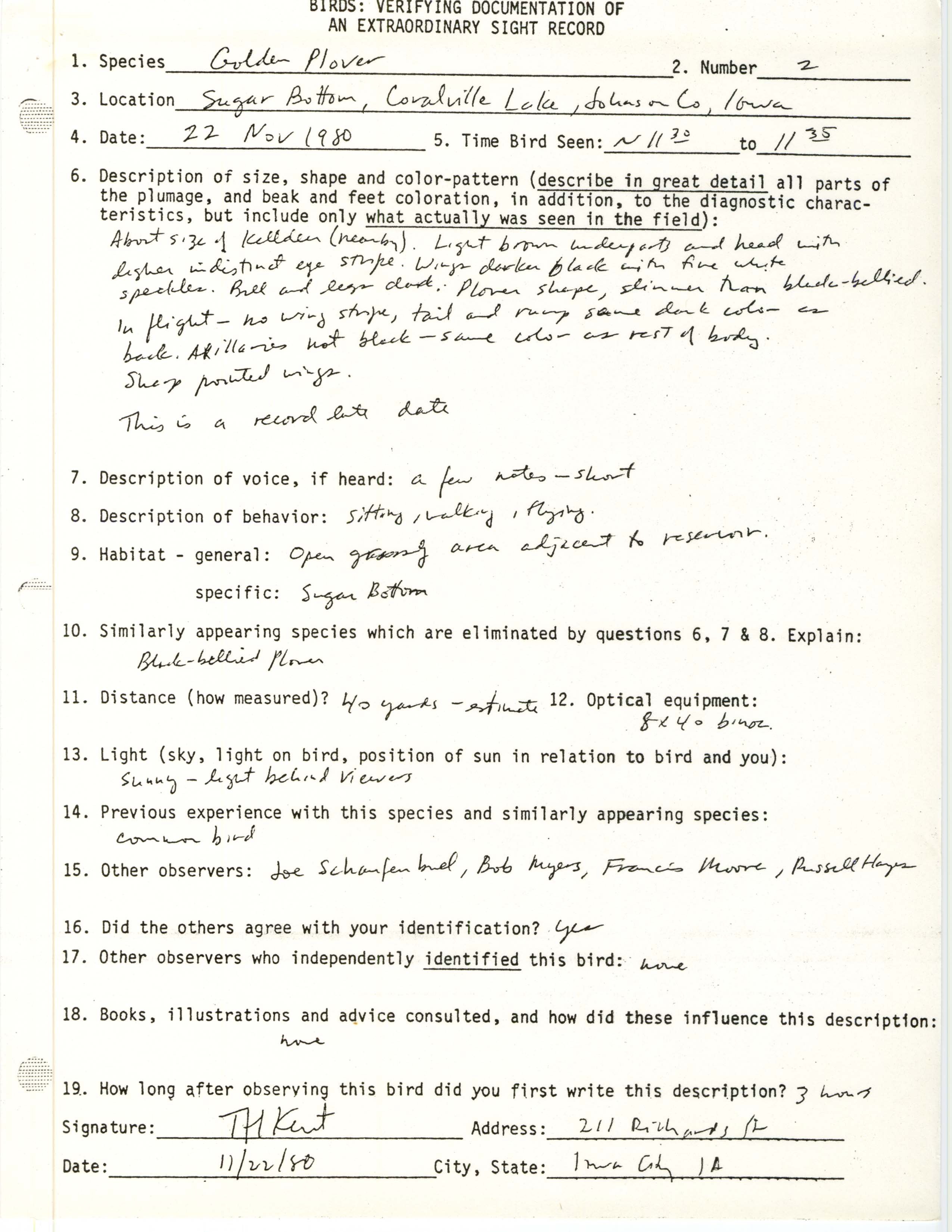 Rare bird documentation form for American Golden-Plover at Sugar Bottom in Coralville Reservoir, 1980