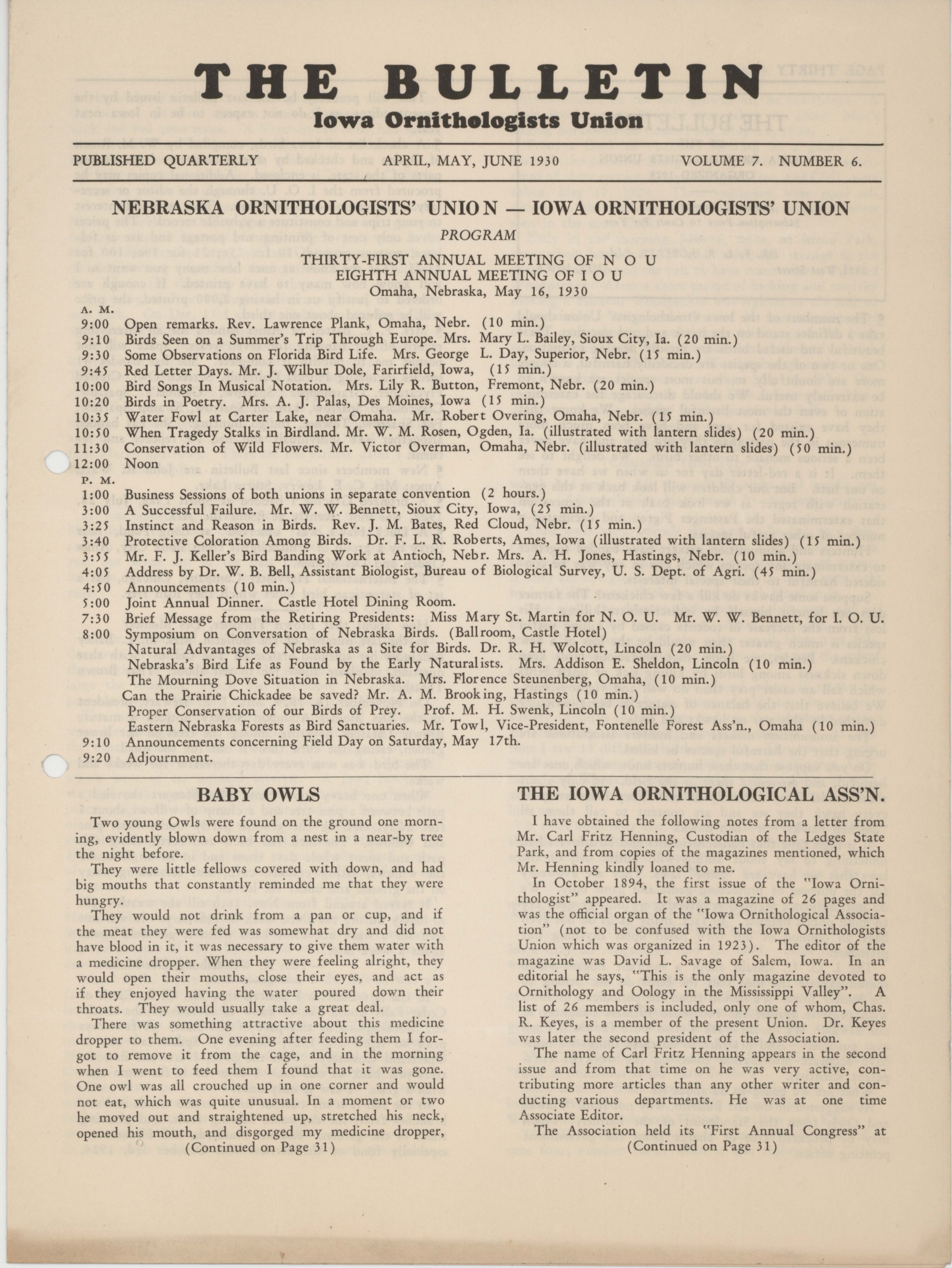 Bulletin (Iowa Ornithologists Union), Volume 7, Number 6, April/June 1930