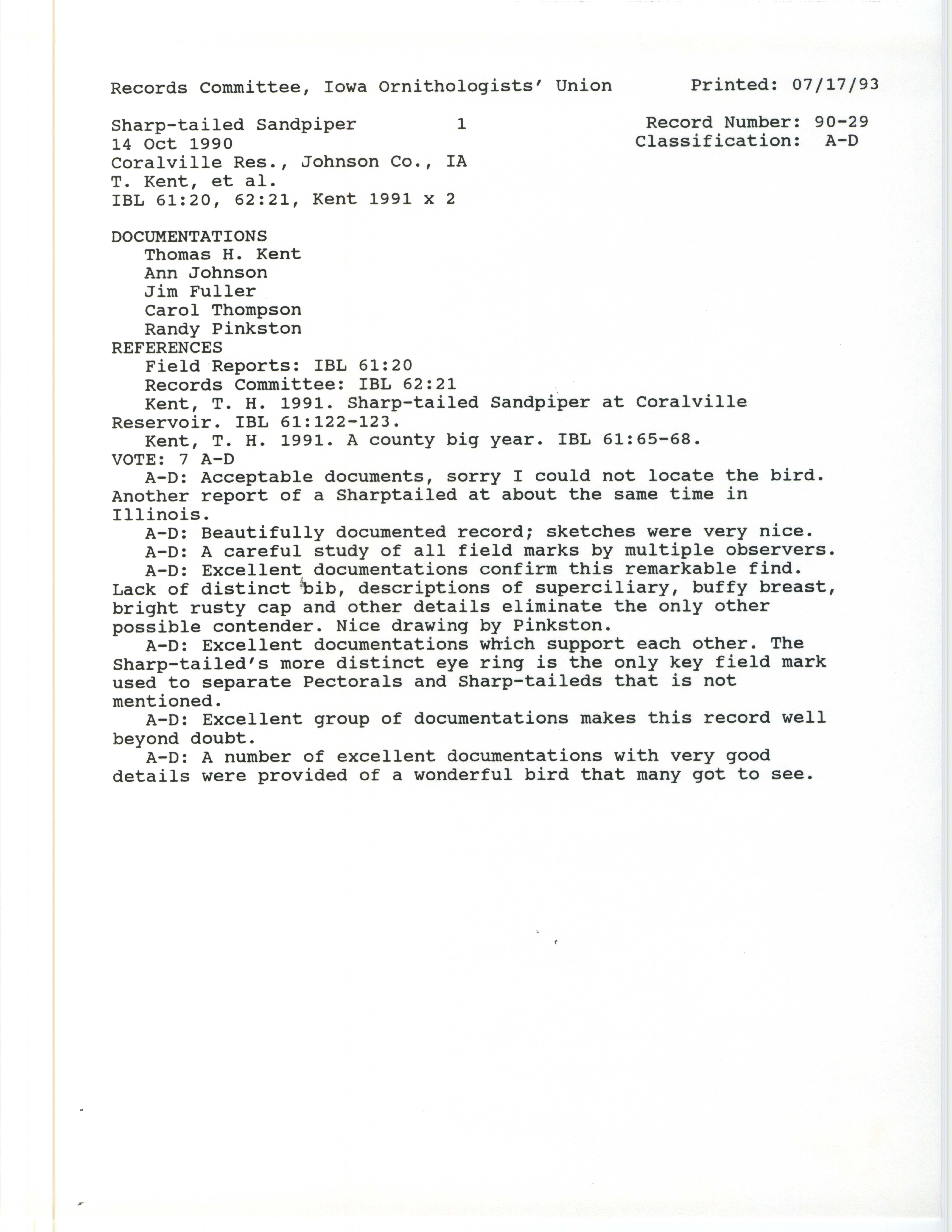 Records Committee review for rare bird sighting of Sharp-tailed Sandpiper at Coralville Reservoir, 1990