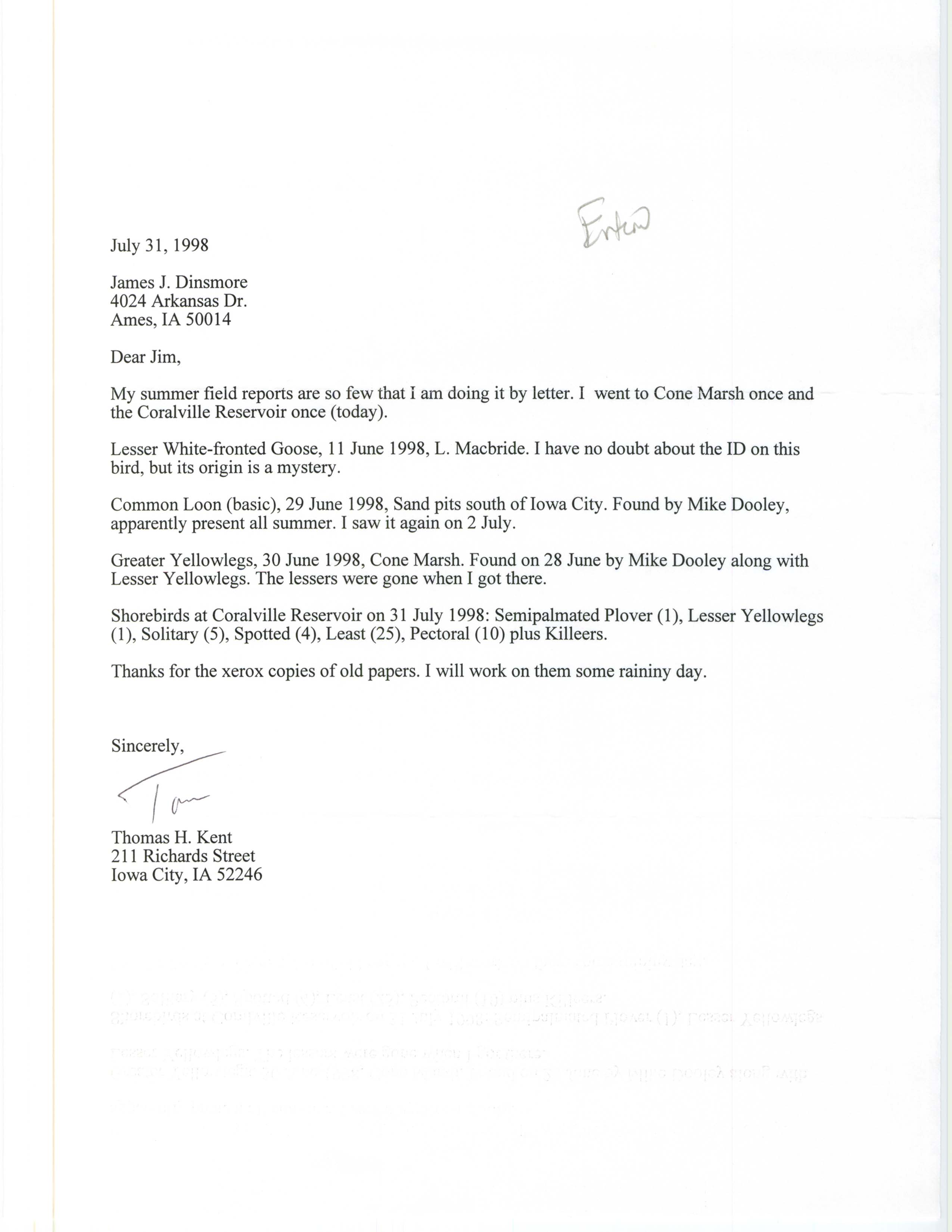Thomas Kent letter to Jim Dinsmore regarding summer field reports, July 31, 1998