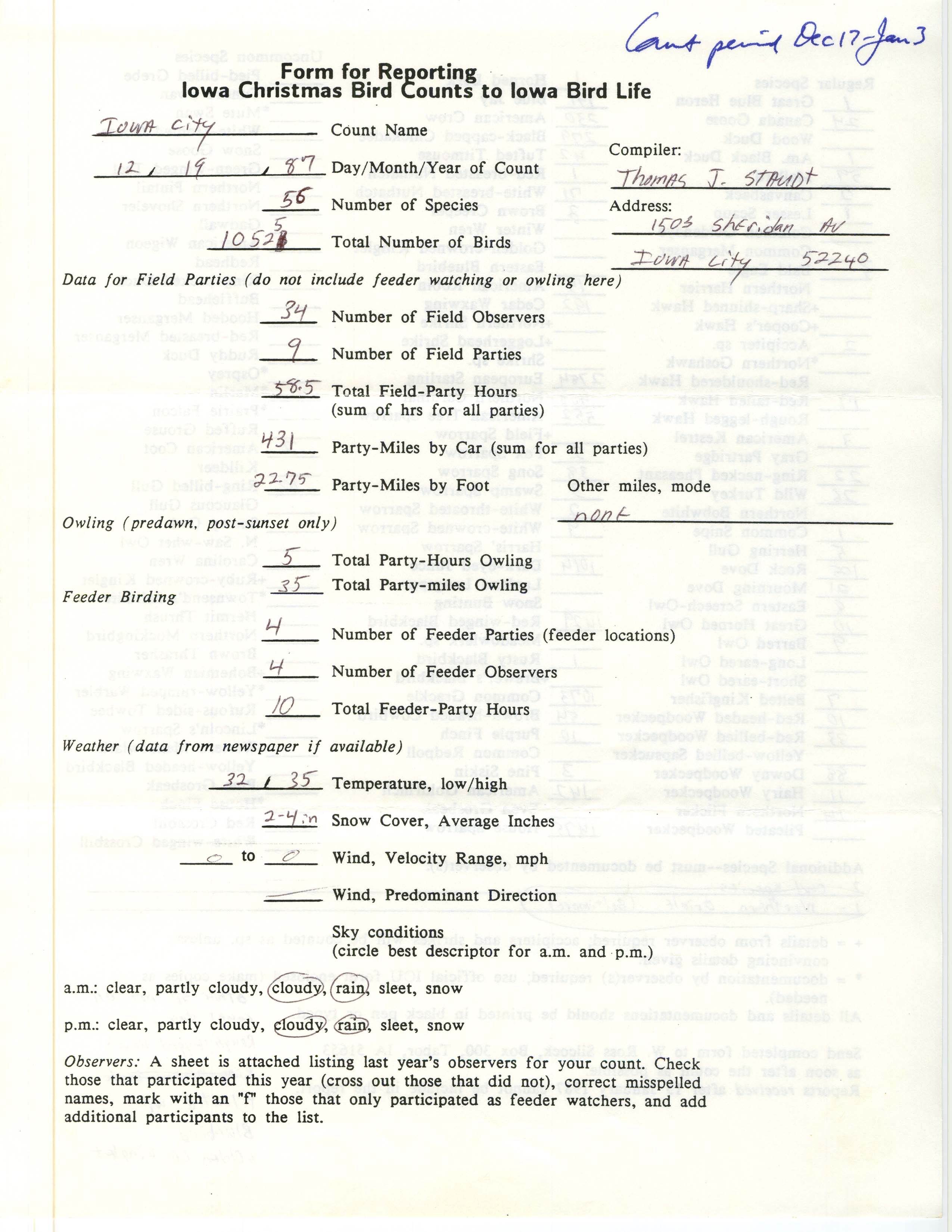 Form for reporting Iowa Christmas bird counts to Iowa Bird Life, Thomas J. Staudt, December 19, 1987