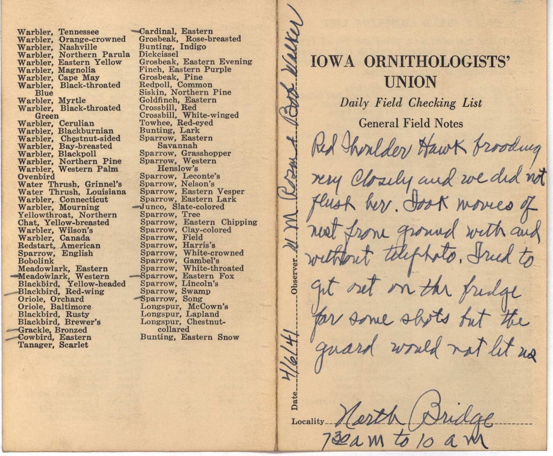 Daily field checking list by Walter Rosene, April 6, 1941