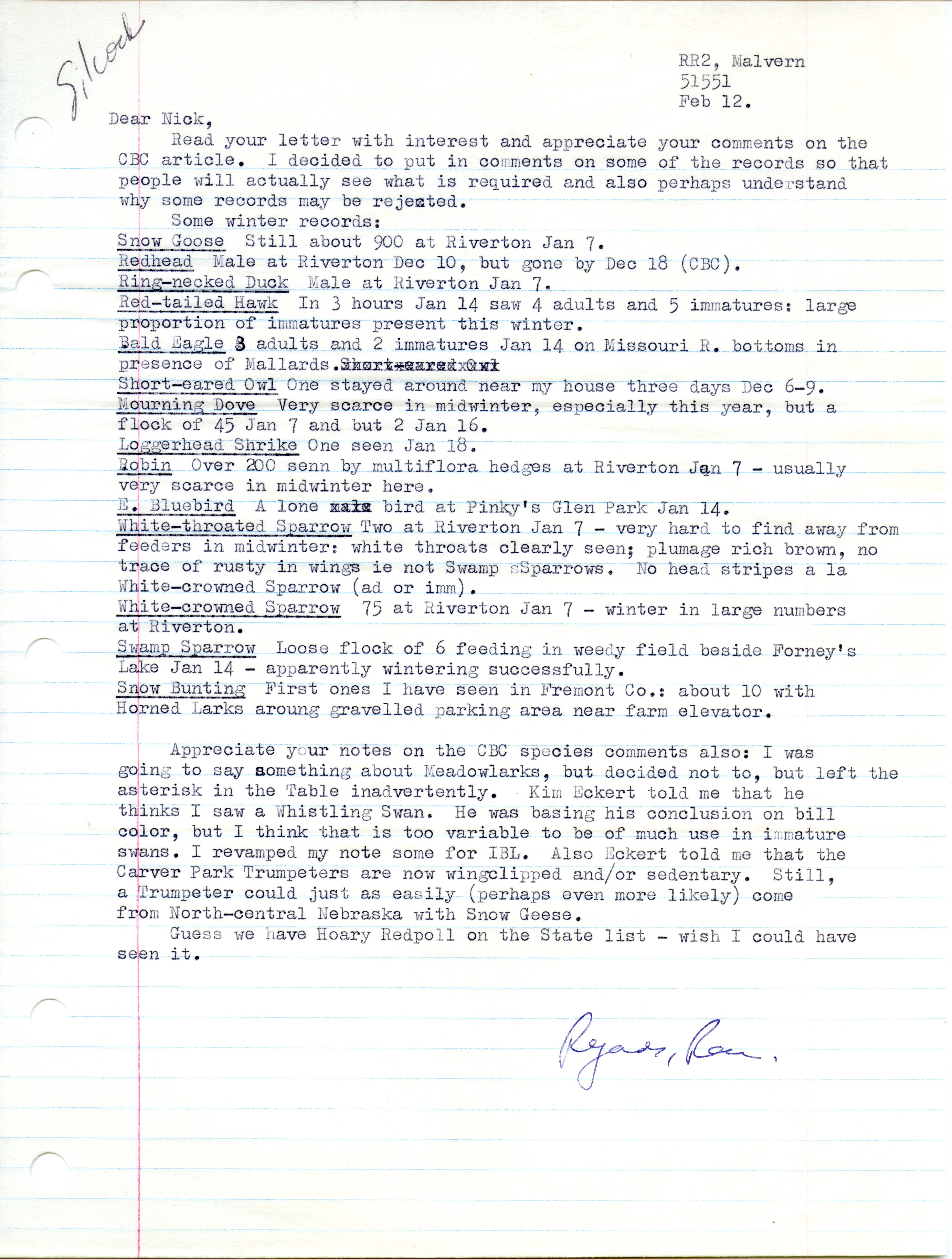 Ross W. Silcock letter to Nicholas S. Halmi regarding bird sightings, February 12, 1978