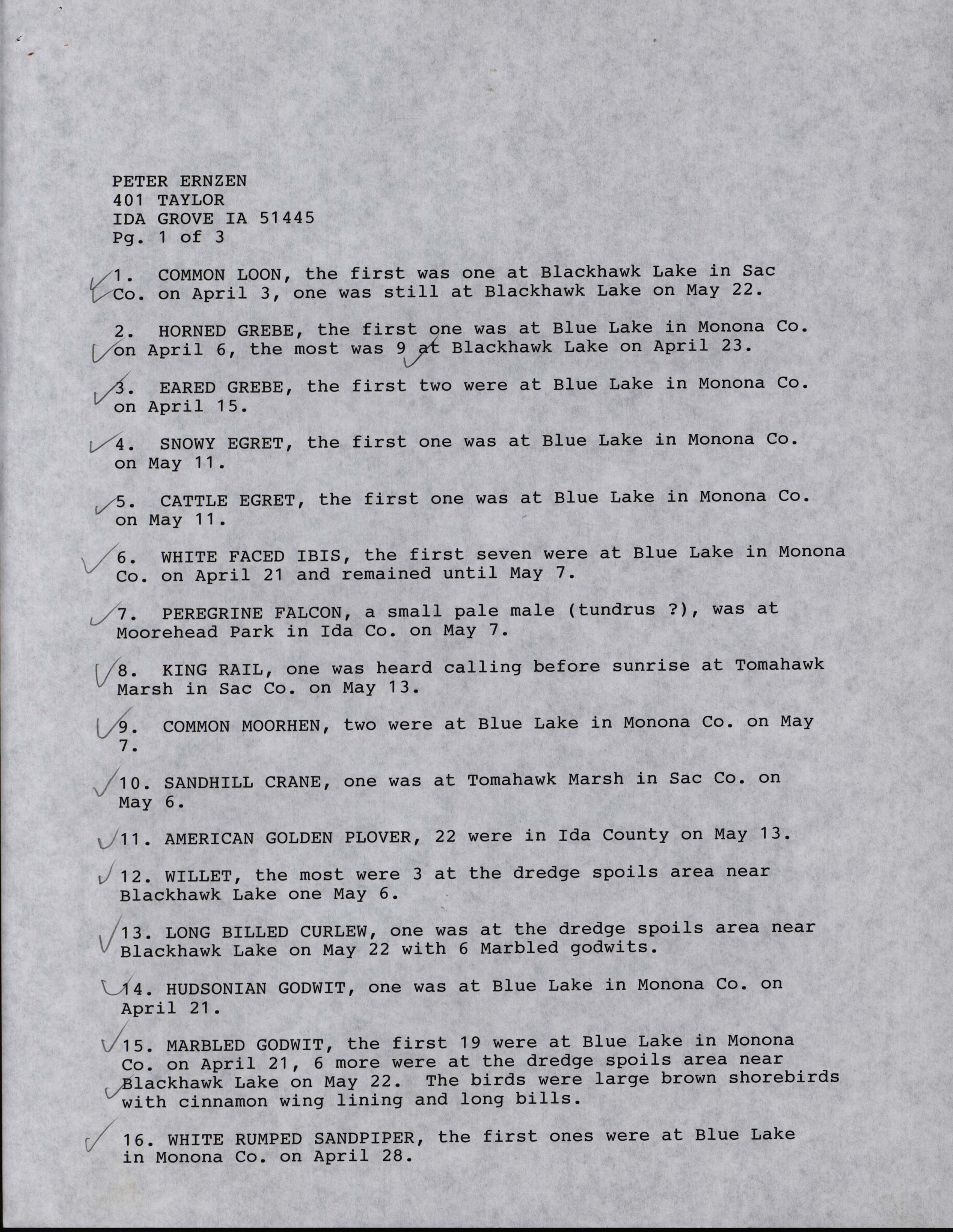 Annotated bird sighting list for spring 1995 compiled by Peter Ernzen