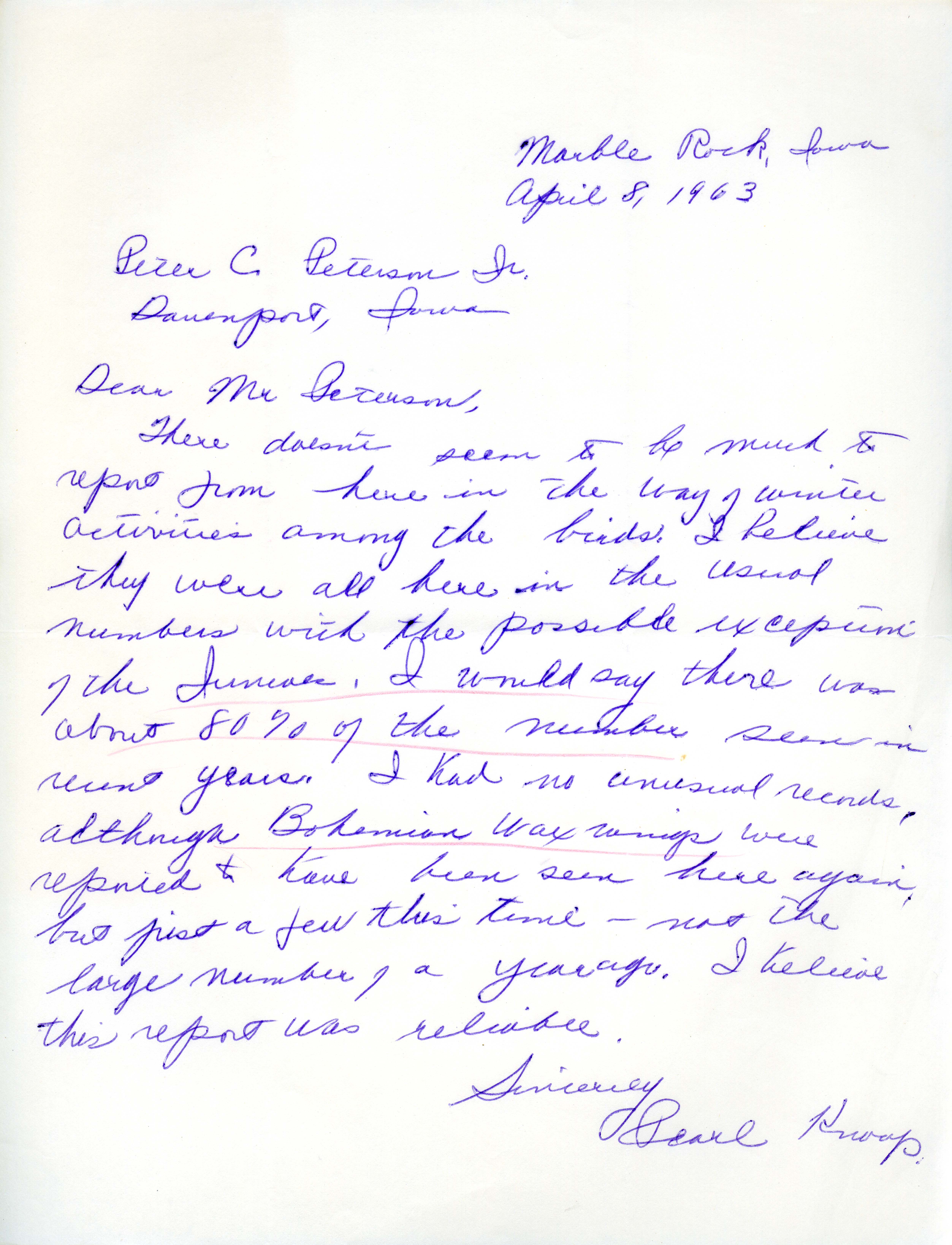 Pearl Knoop letter to Peter C. Petersen regarding field notes, winter 1963