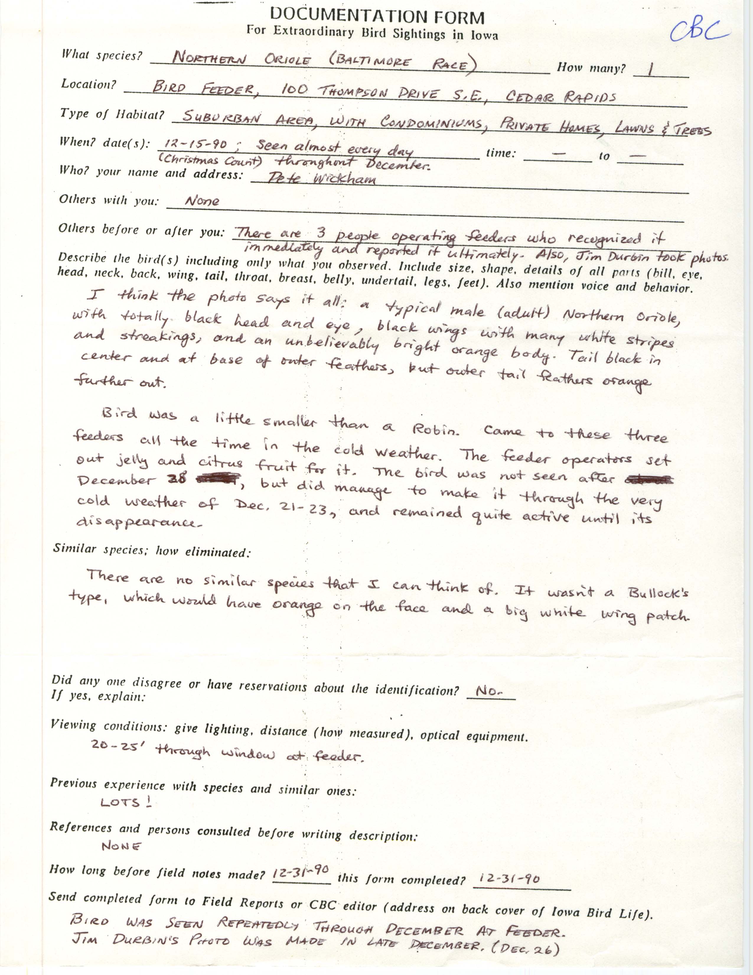 Rare bird documentation form for Baltimore Oriole at Cedar Rapids, 1990