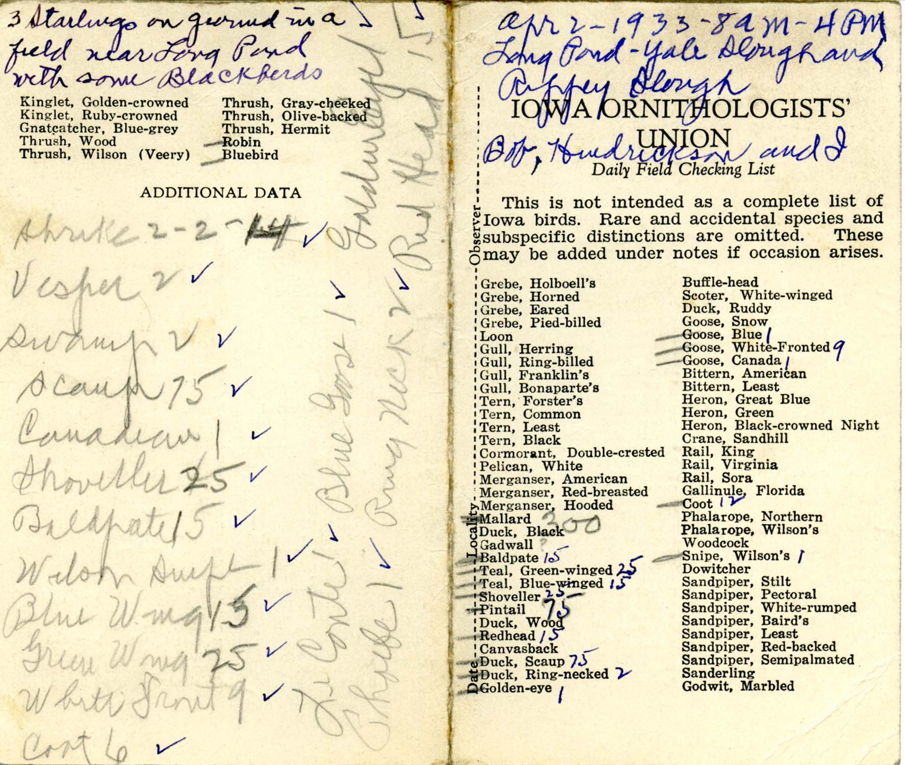 Daily field checking list, Walter Rosene, April 2, 1933