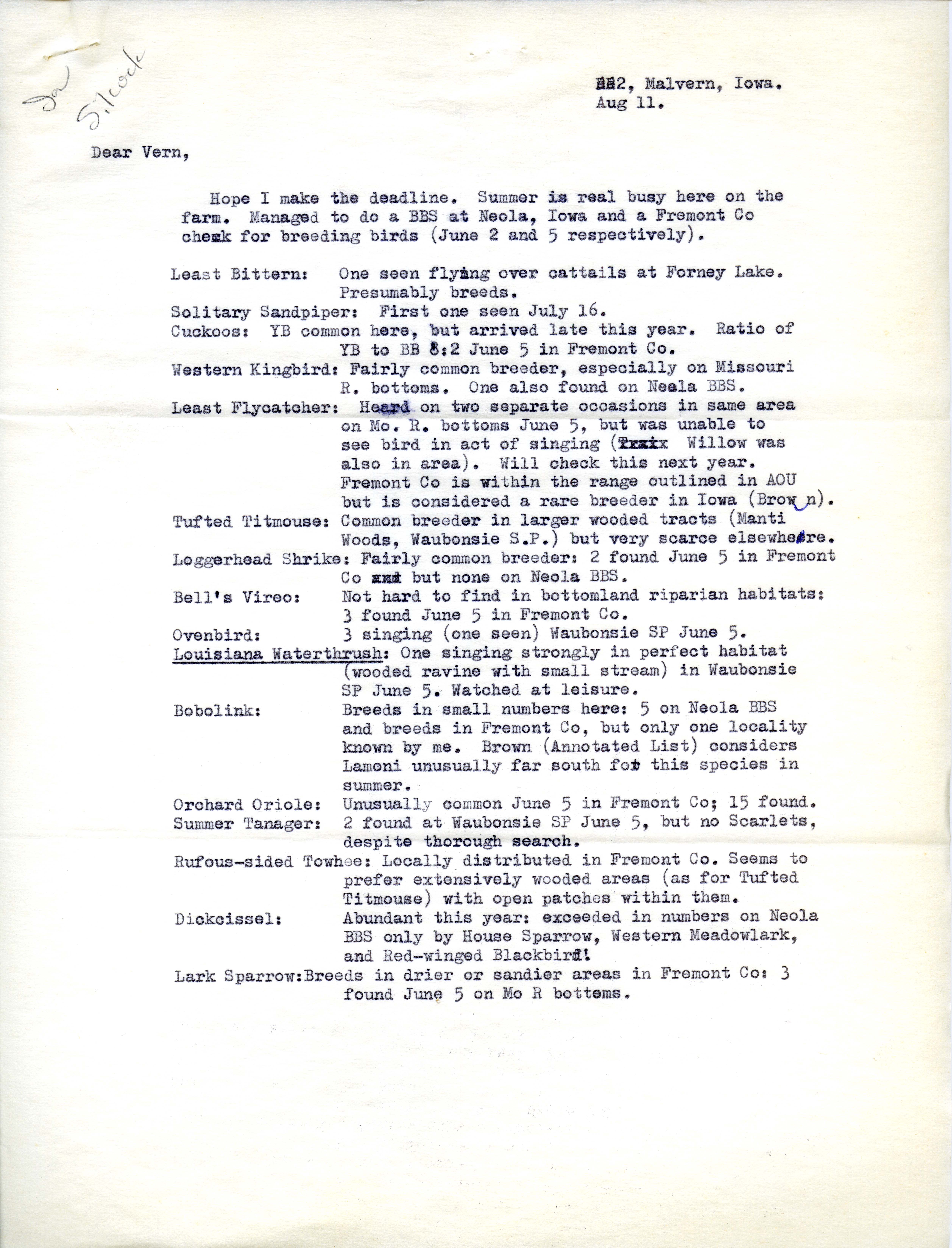 Letter from Ross Silcock to Iowa Ornithologists' Union regarding bird sightings and locations, August 11, 1976