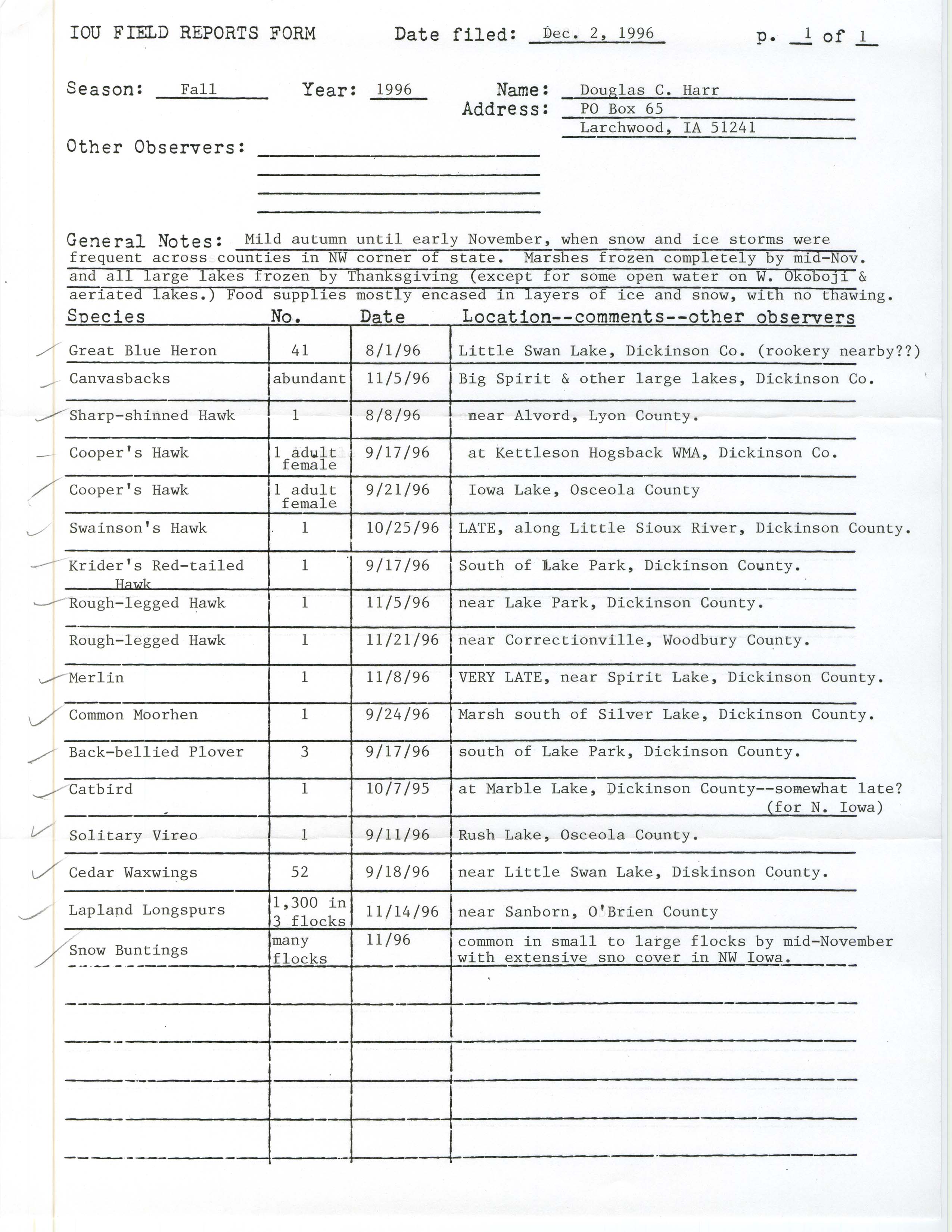 IOU field reports form, Douglas C. Harr, December 2, 1996