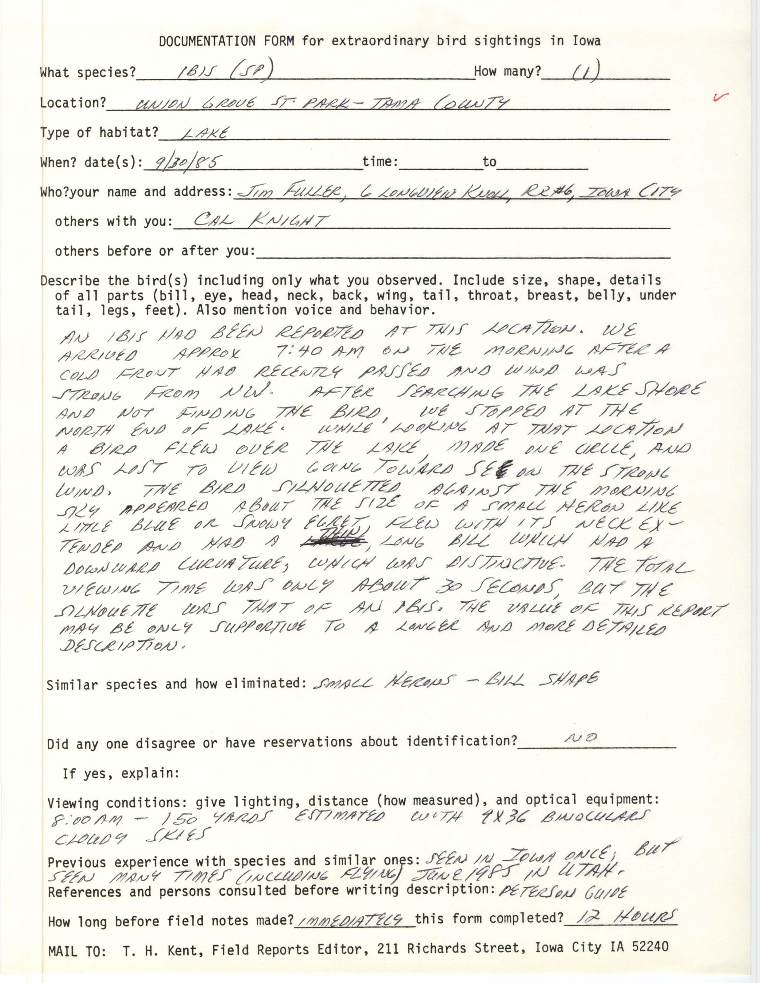 Rare bird documentation form for Ibis species at Union Grove State Park, 1985