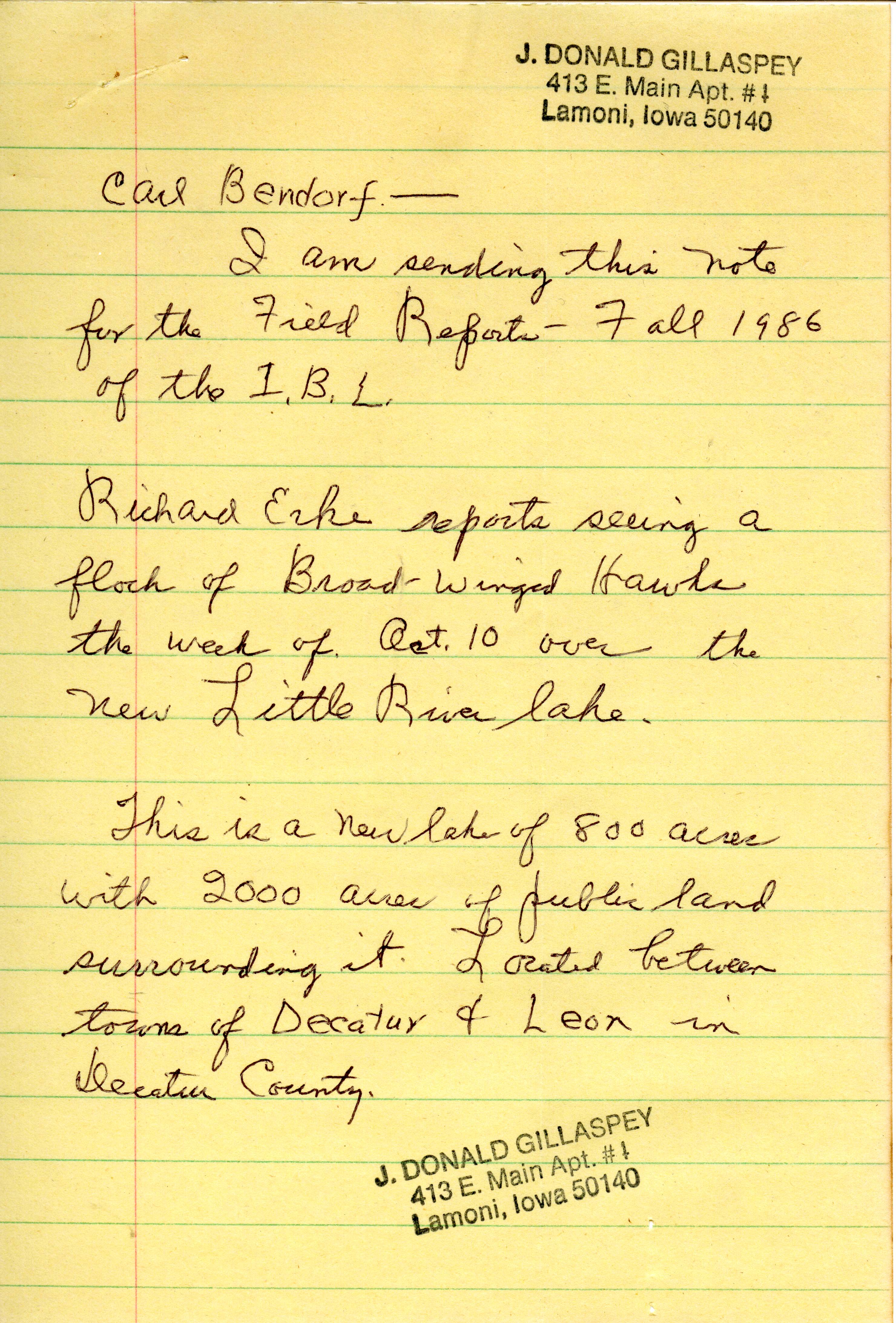 J. Donald Gillaspey letter to Carl J. Bendorf regarding Broad-winged Hawk sighting, fall 1986