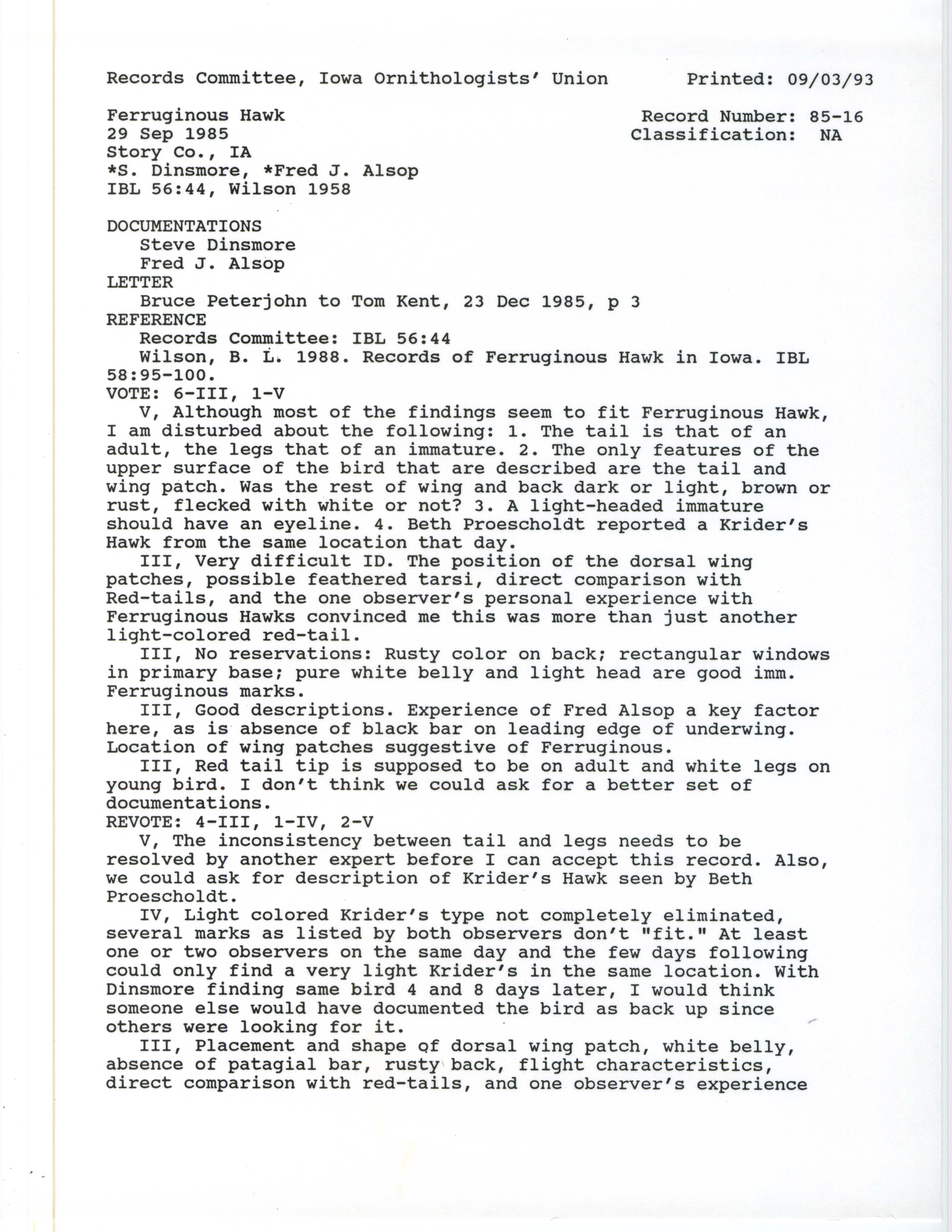 Records Committee review for rare bird sighting of Ferruginous Hawk in Story County, 1985