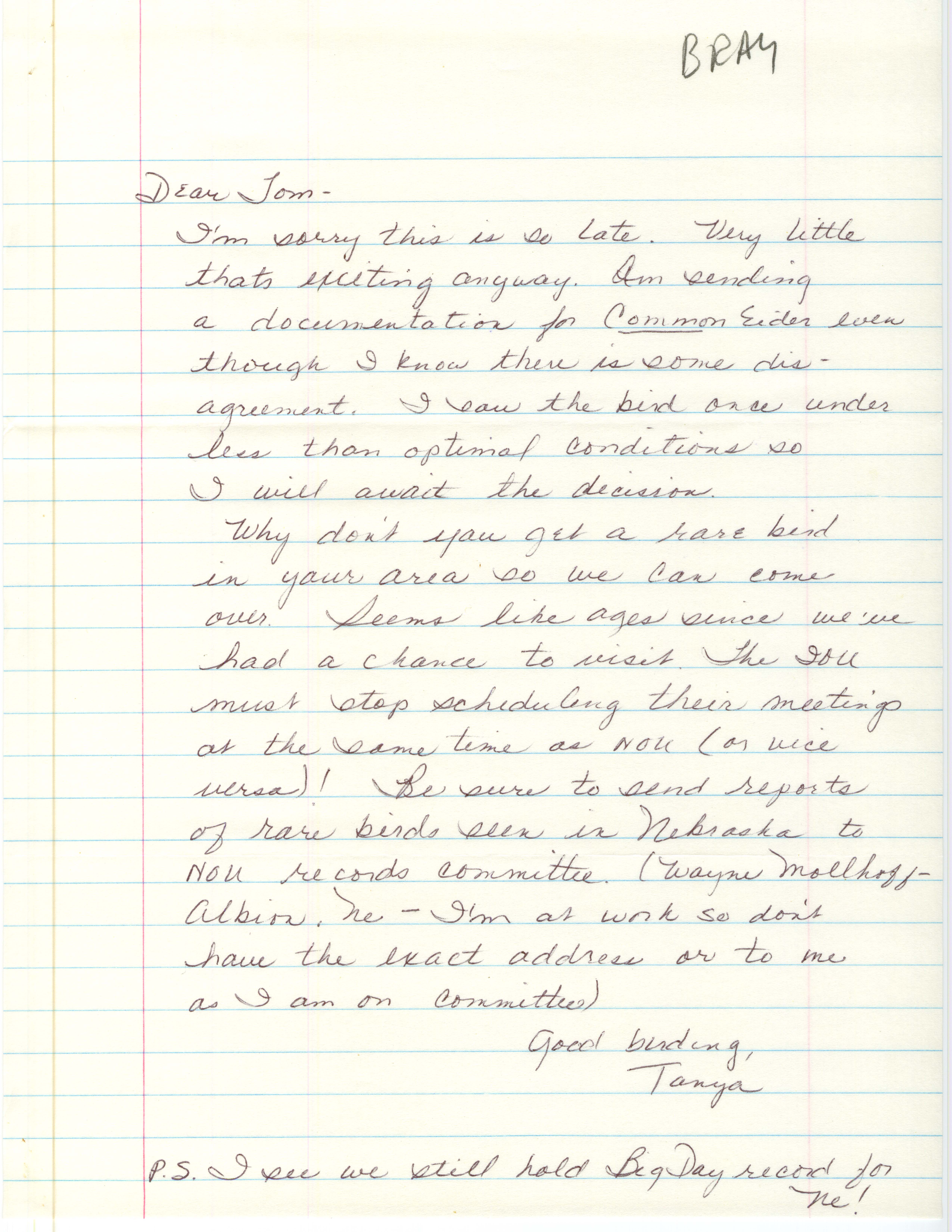 Tanya Bray letter to Thomas Kent regarding bird sightings, Fall 1985