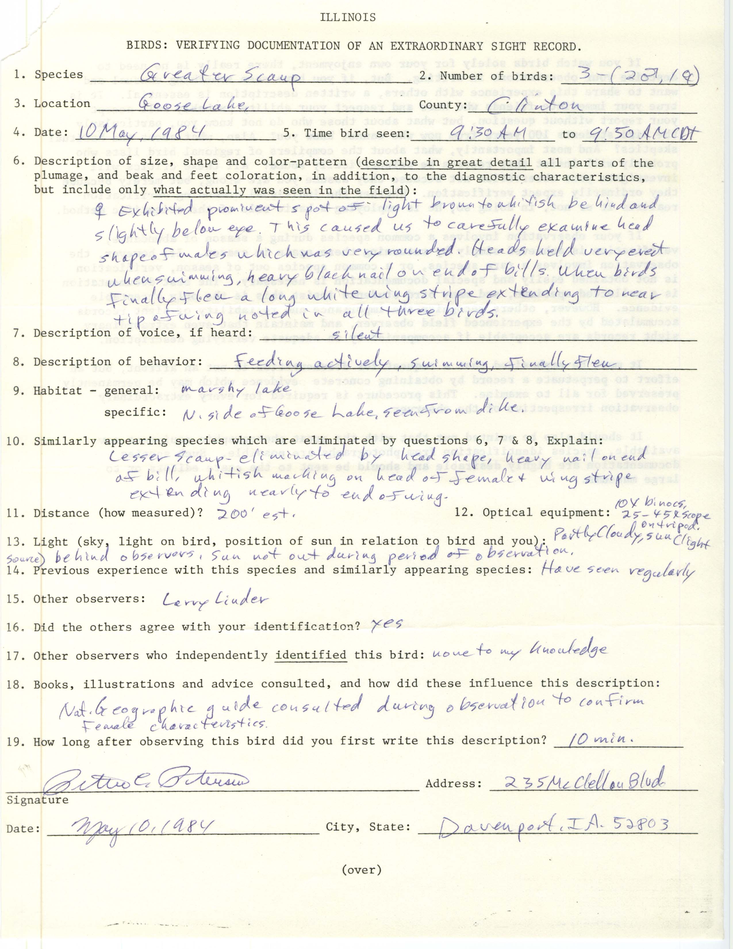 Rare bird documentation form for Greater Scaup at Goose Lake, 1984