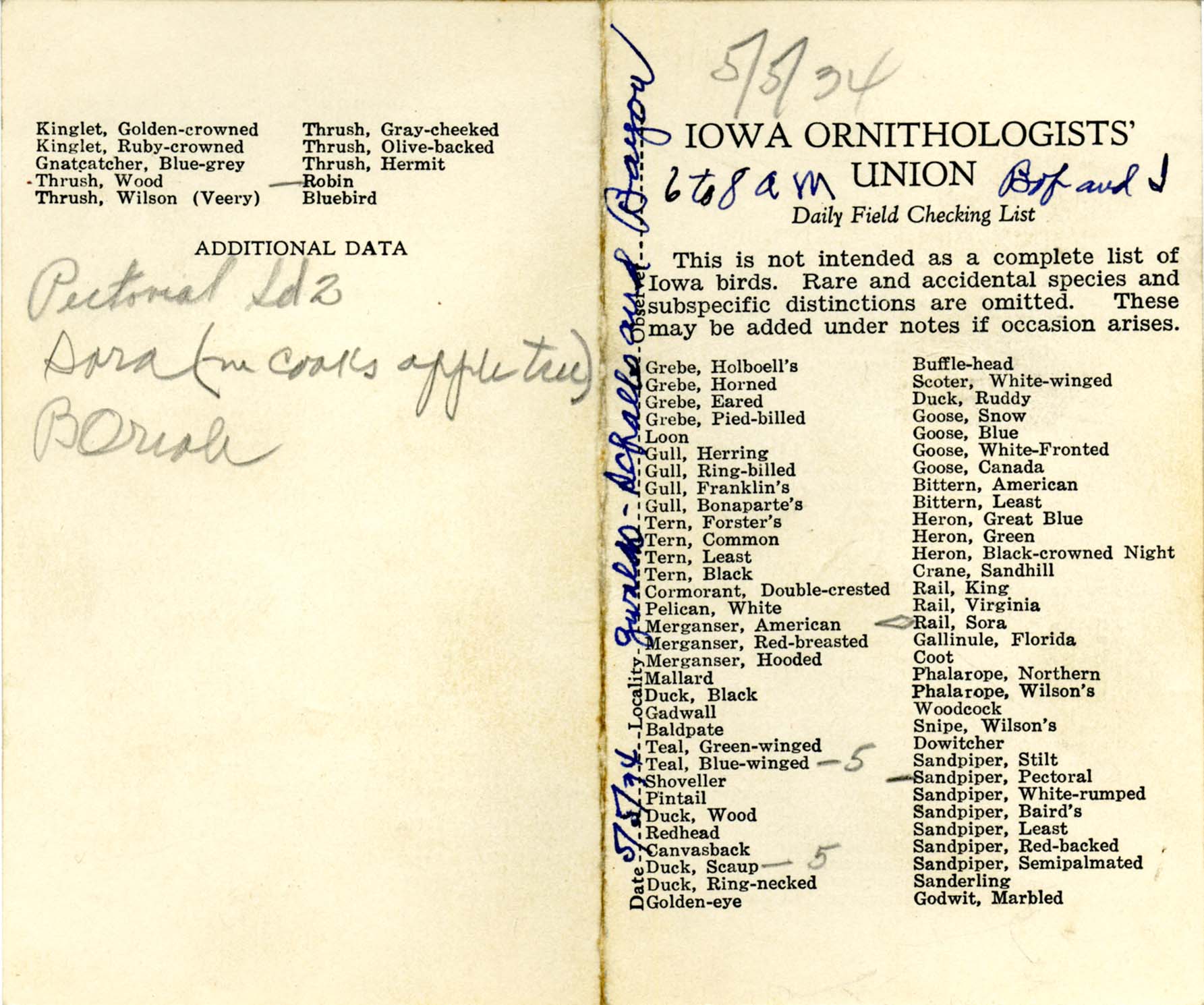 Daily field checking list, Walter Rosene, May 5, 1934