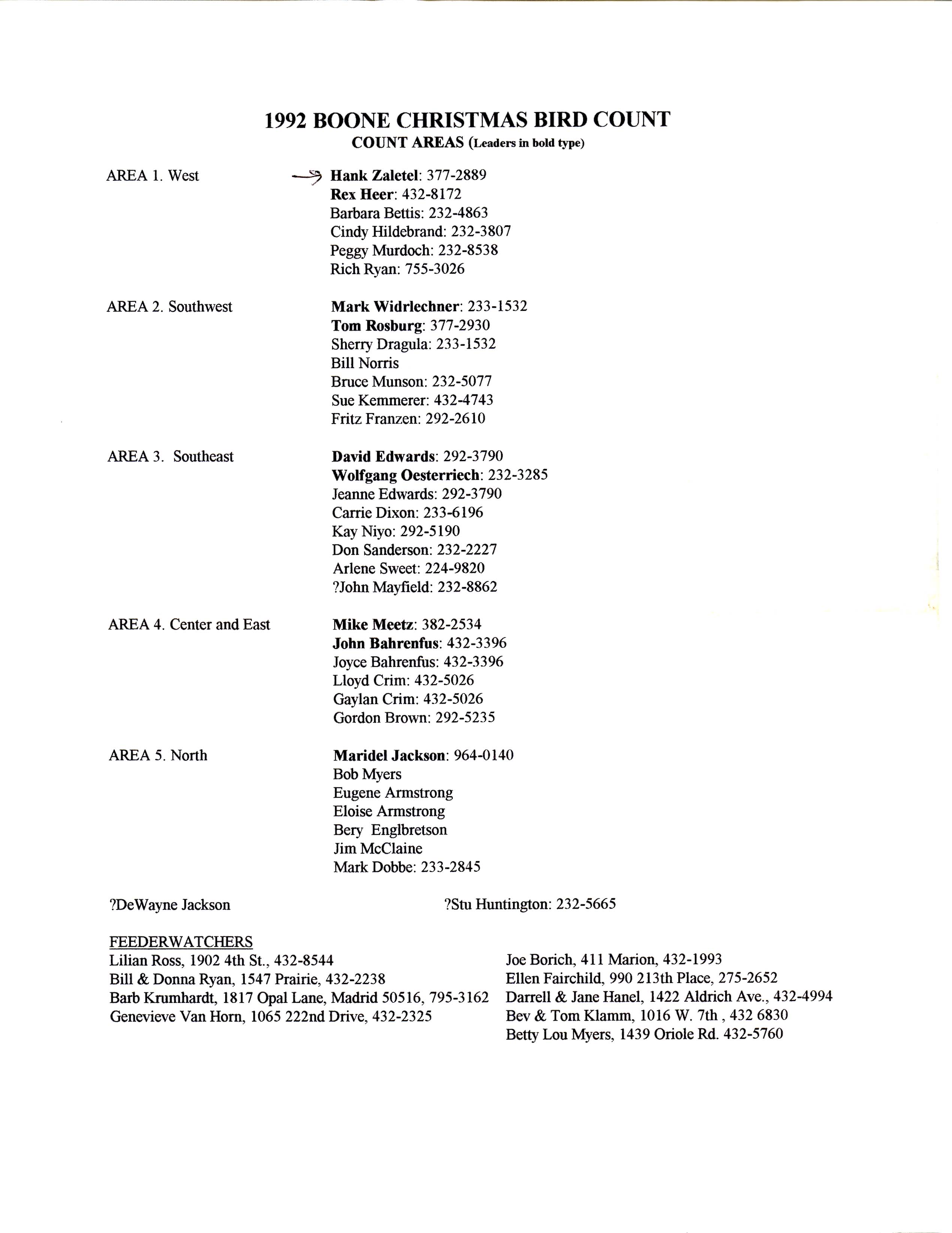 Documents regarding the 1992 Boone Christmas Bird Count 