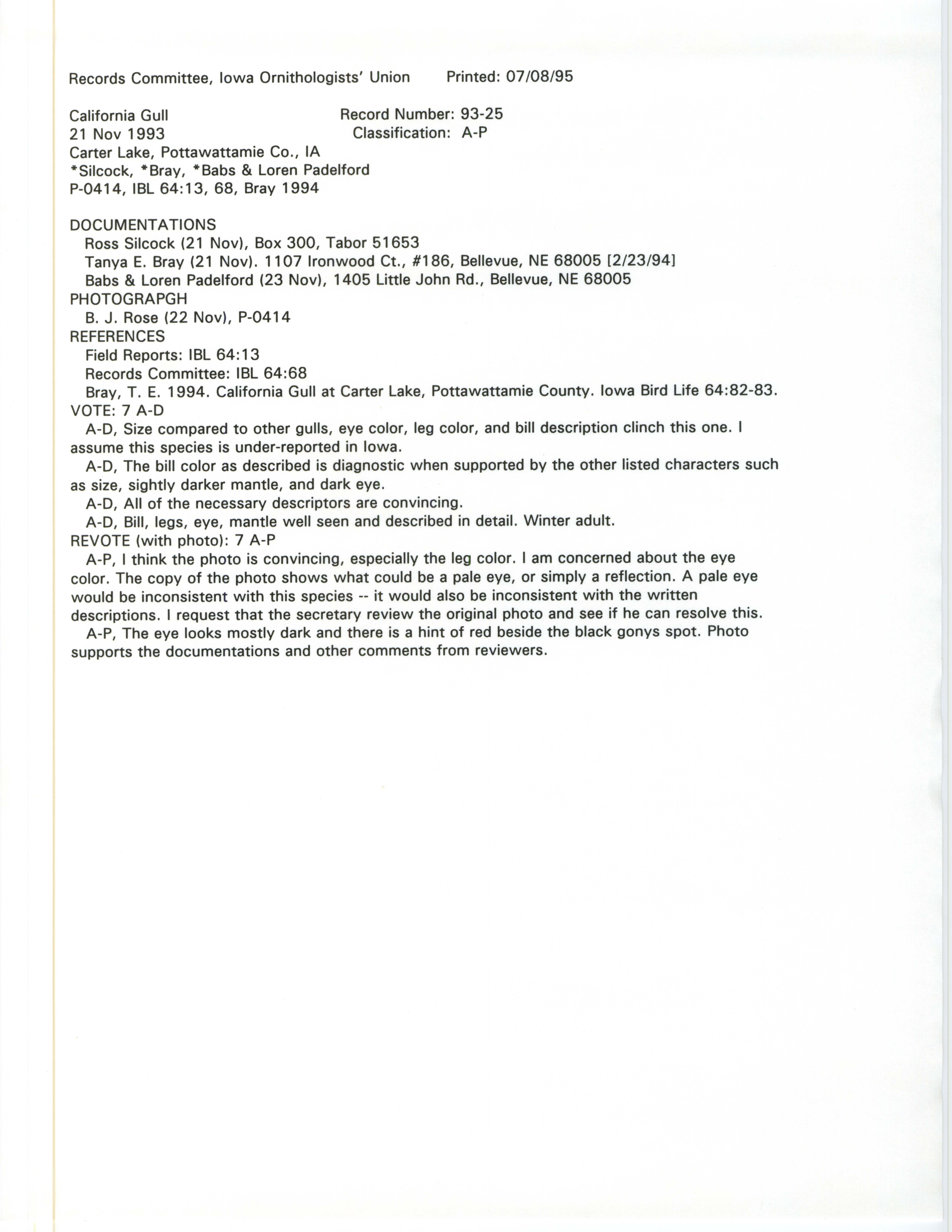 Records Committee review for rare bird sighting of California Gull at Carter Lake, 1993