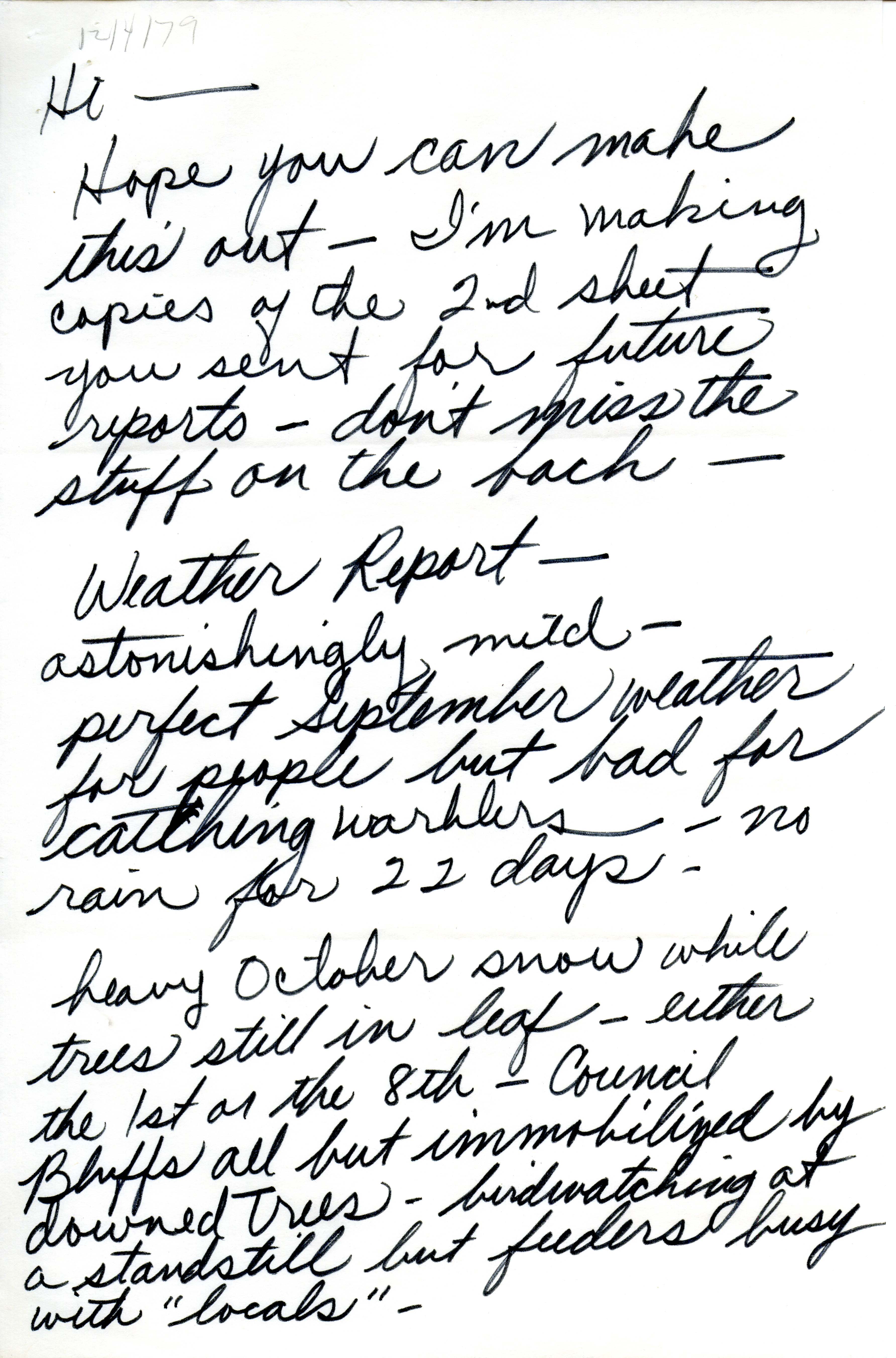 Janet G. Greer letter regarding bird sightings, fall 1979