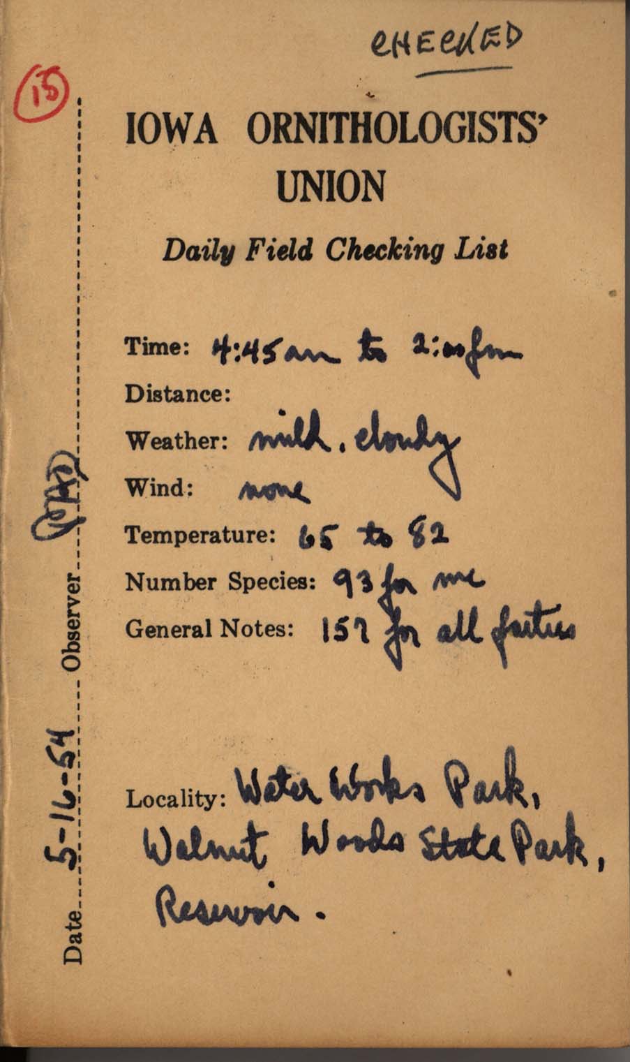 Daily field checking list, Philip DuMont, May 16, 1954