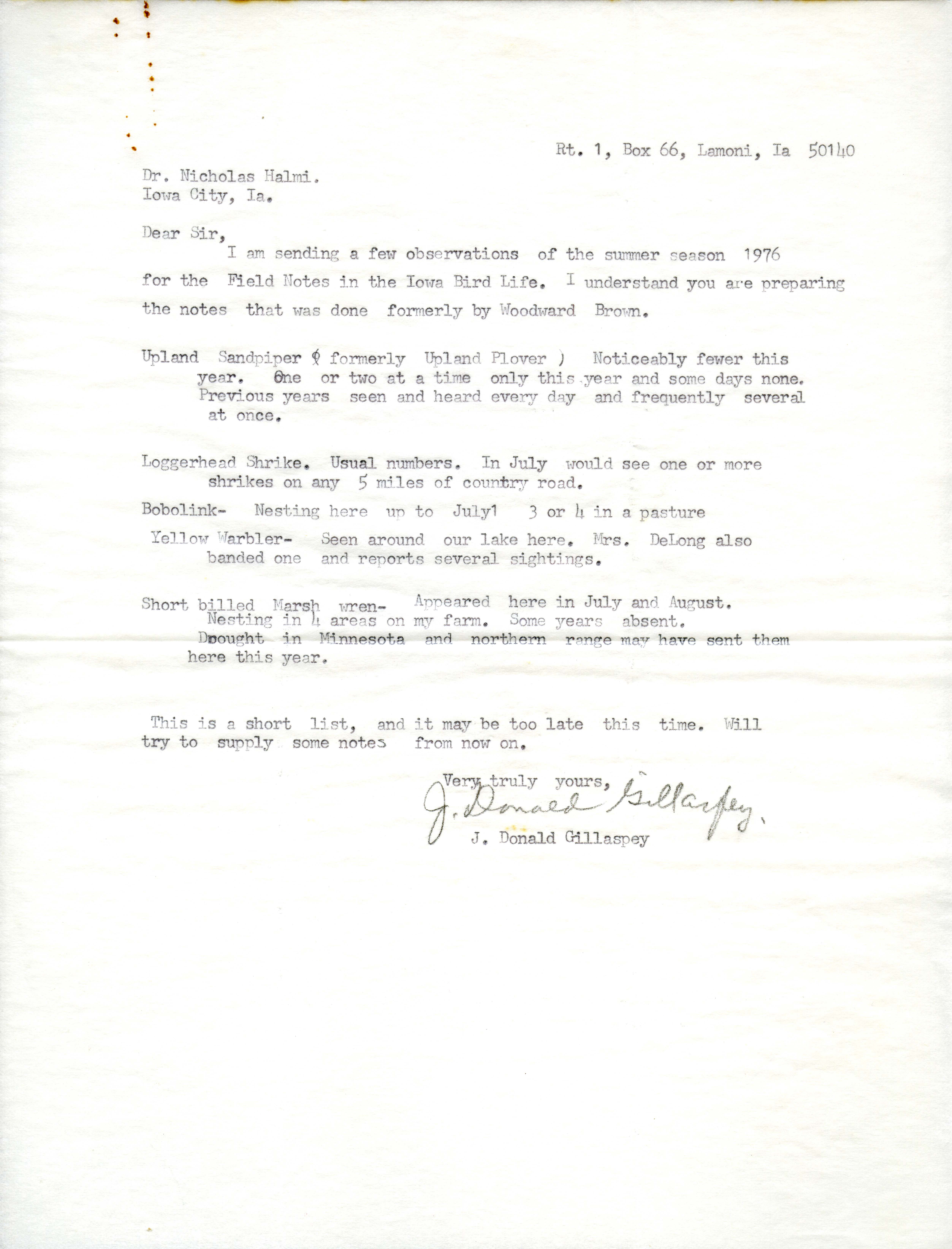 Letter from J. Donald Gillaspey to Nicholas Halmi regarding bird sightings