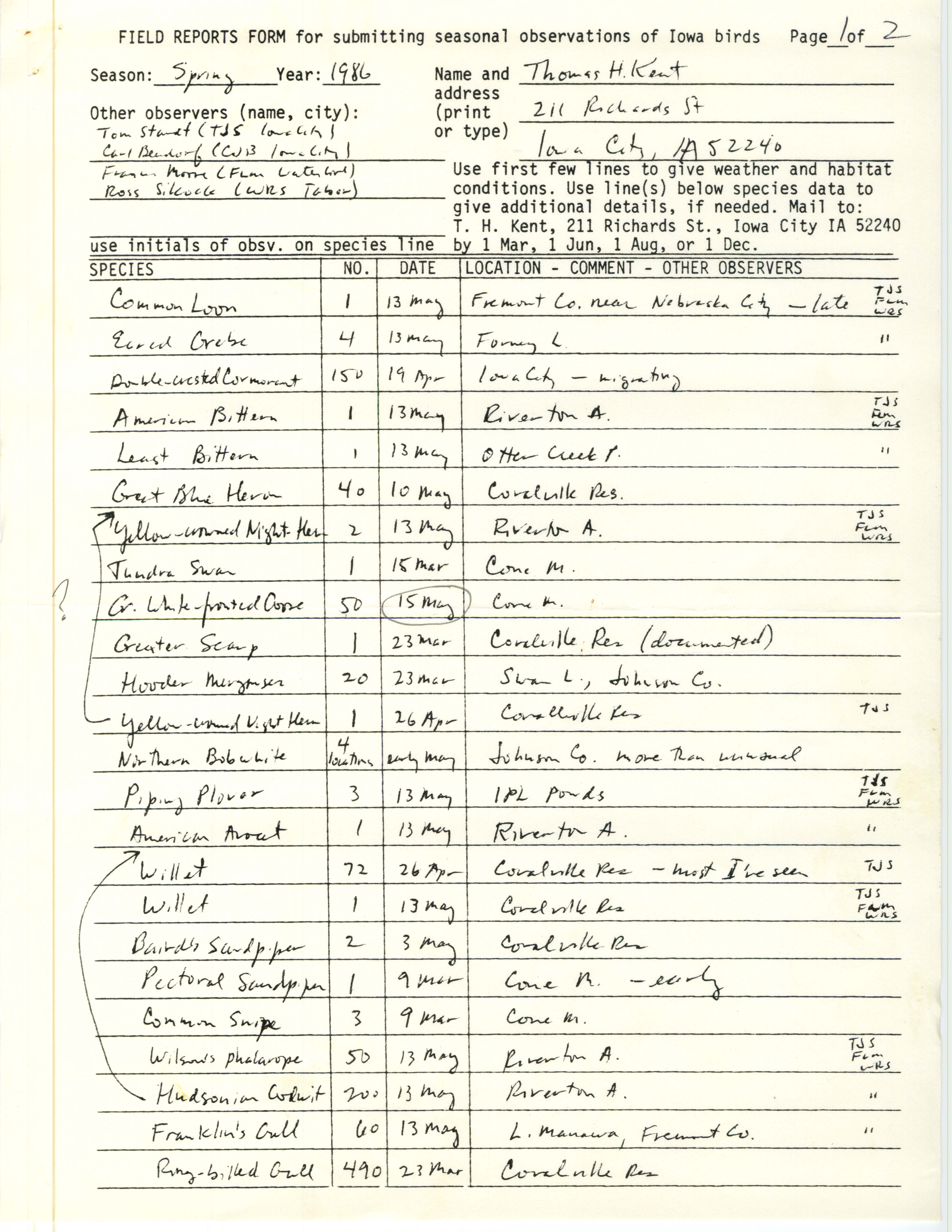 Field reports form for submitting seasonal observations of Iowa birds, Thomas Kent, Spring 1986
