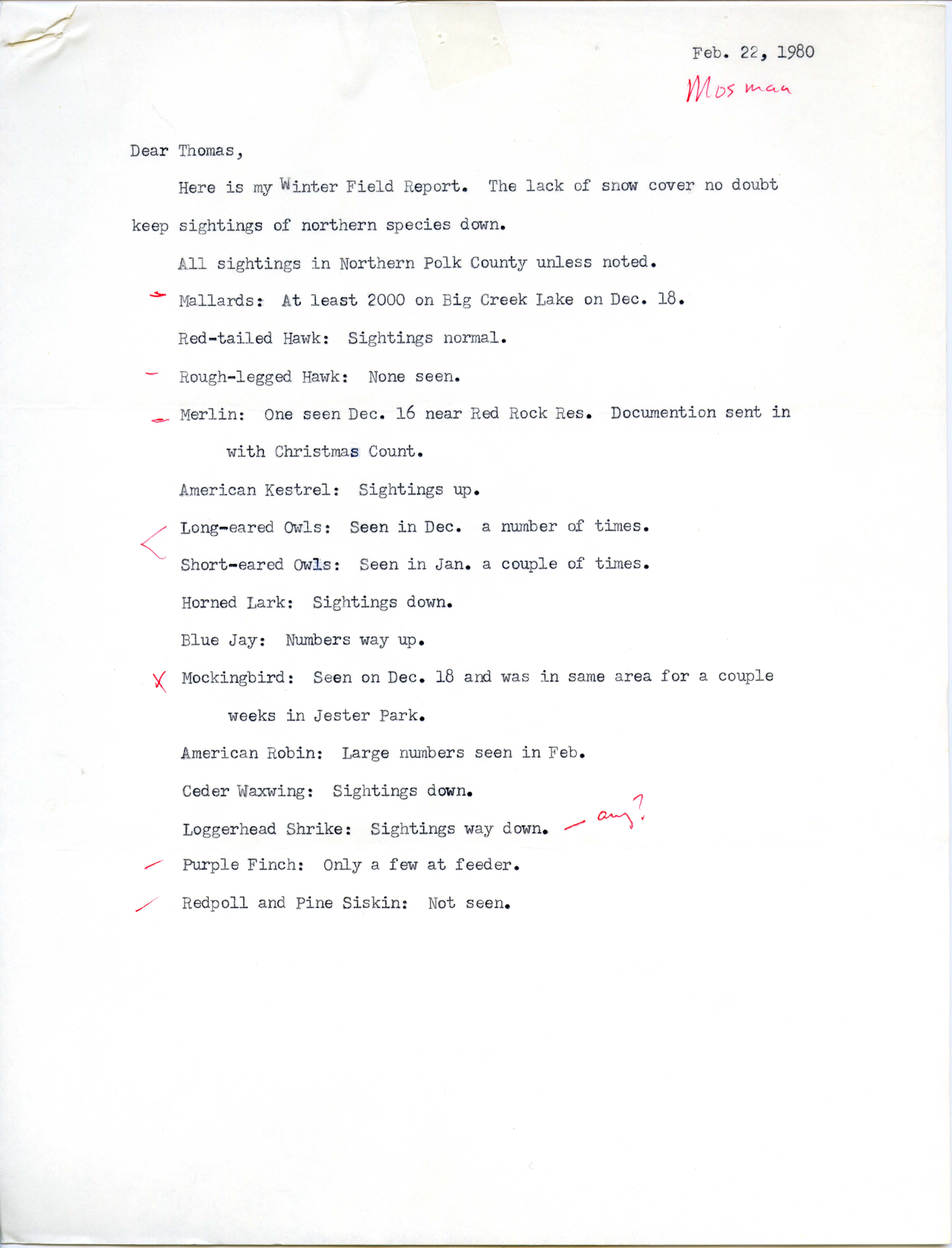 Dean Mosman letter to Thomas H. Kent regarding bird sightings, February 22, 1980